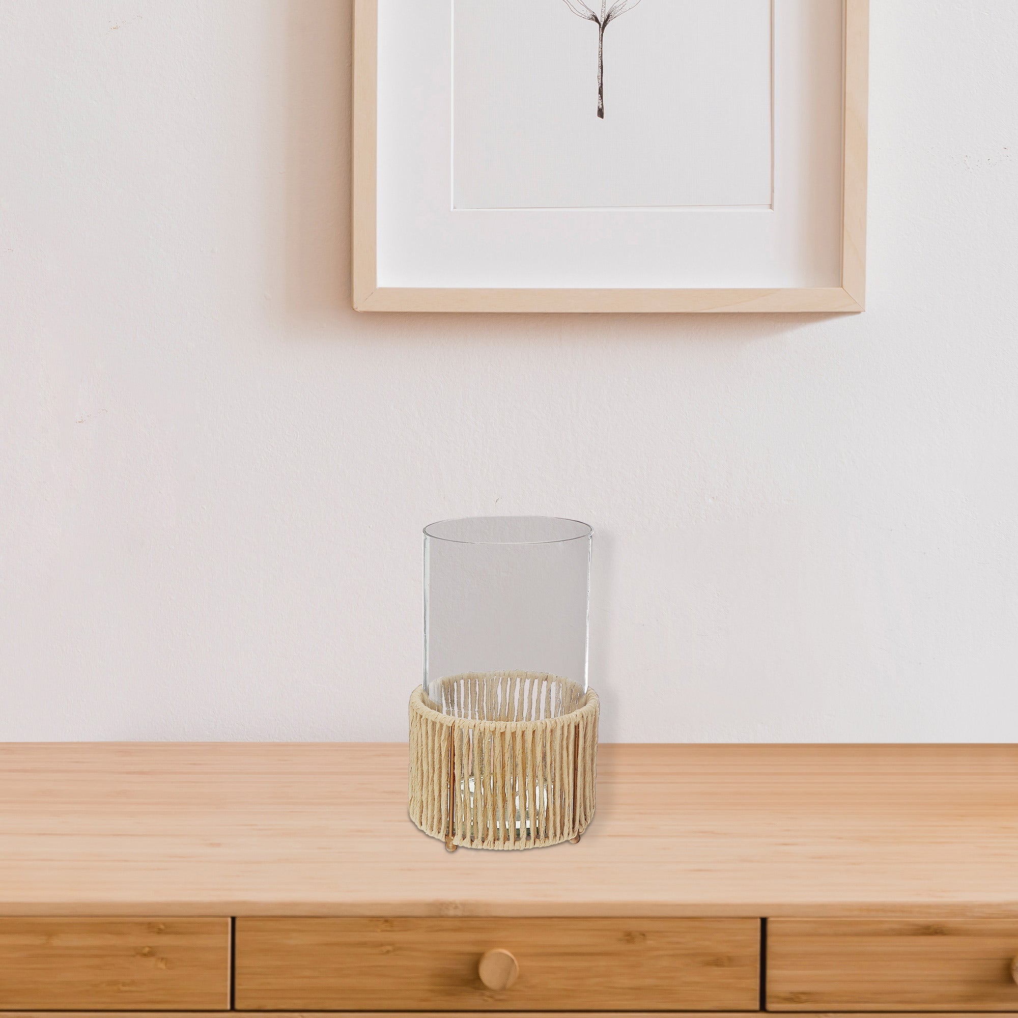 Large Glass Hurricane Candle Holder With Metal And Raffia Base, Rustic Home Table Decor