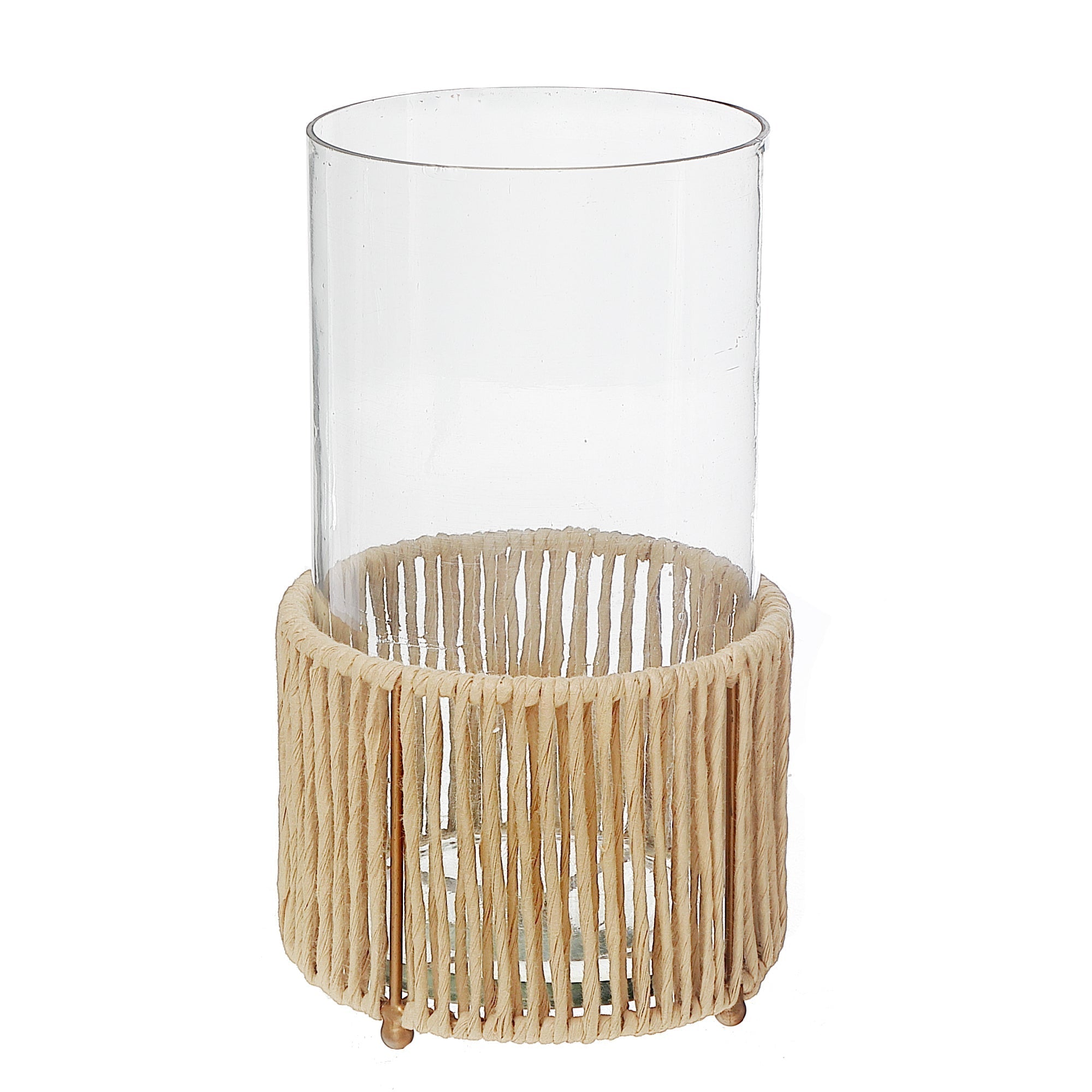Large Glass Hurricane Candle Holder With Metal And Raffia Base, Rustic Home Table Decor