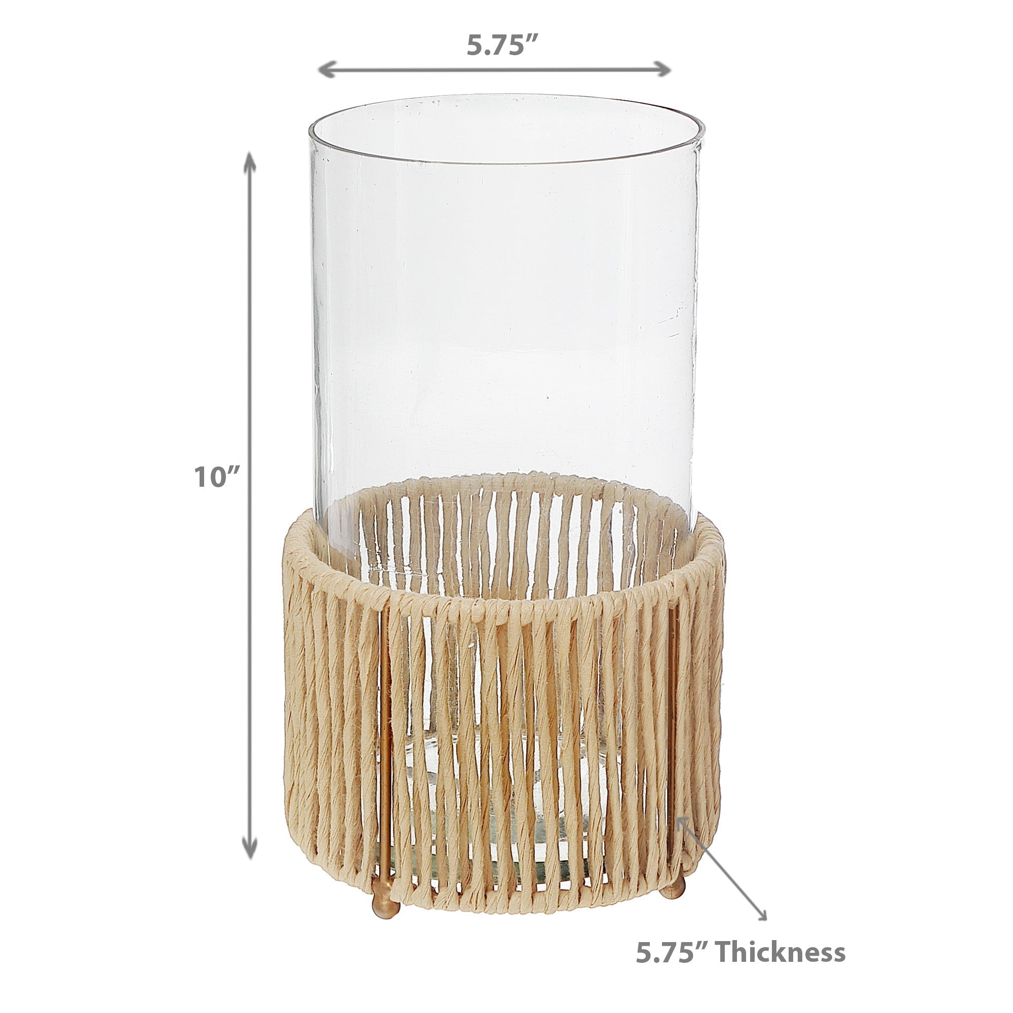 Large Glass Hurricane Candle Holder With Metal And Raffia Base, Rustic Home Table Decor