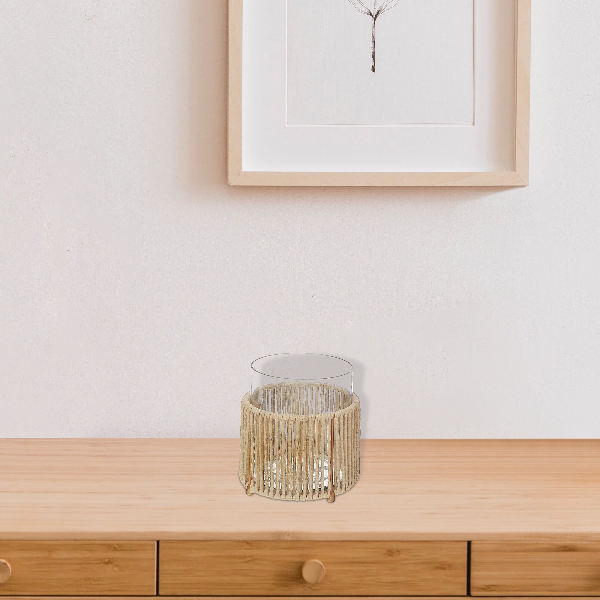 Small Glass Hurricane Candle Holder With Metal And Raffia Base, Rustic Home Table Decor (Copy)