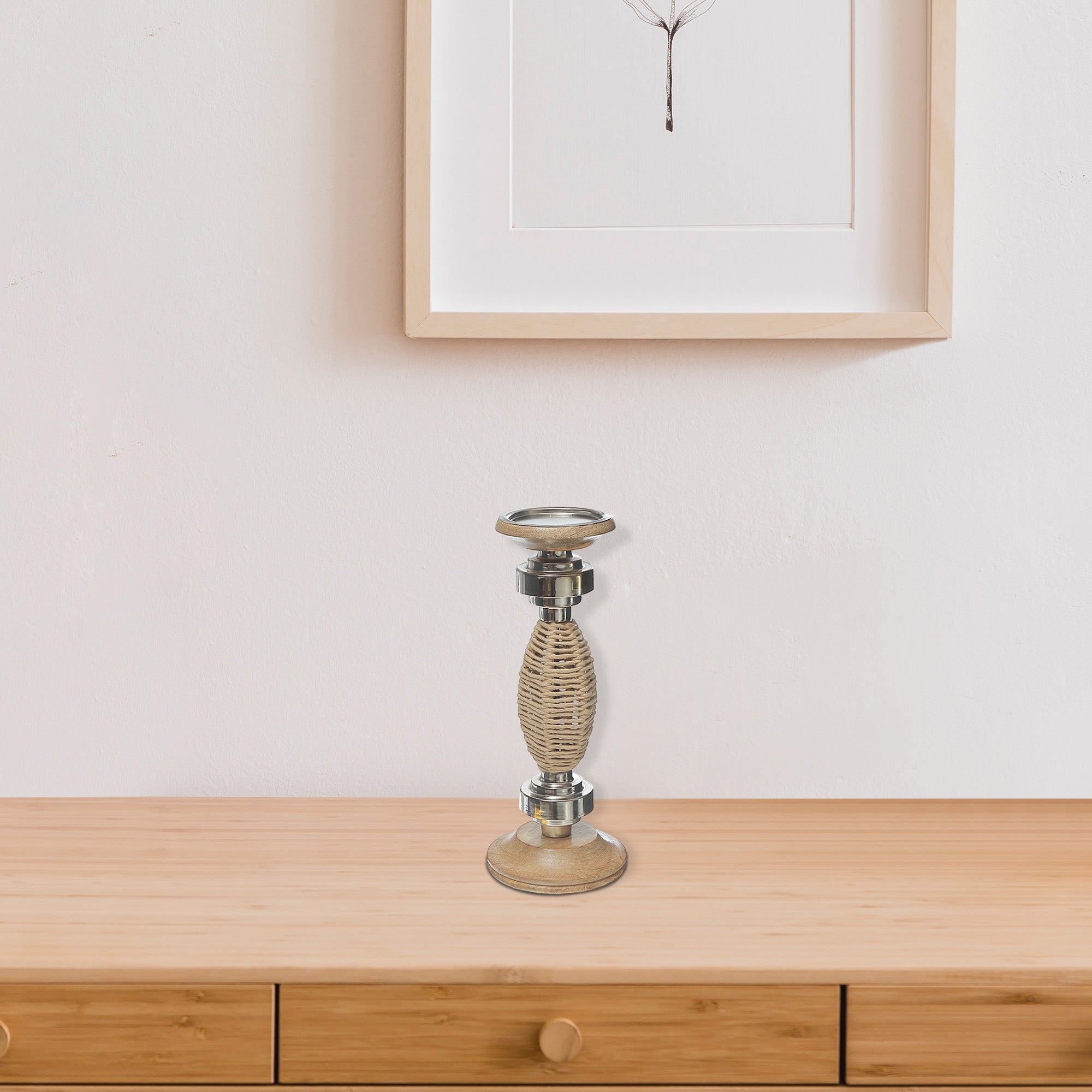 Oval Raffia Metal Large Pillar Candlestick, Rustic Home Table Decor, Candle Holder Accent