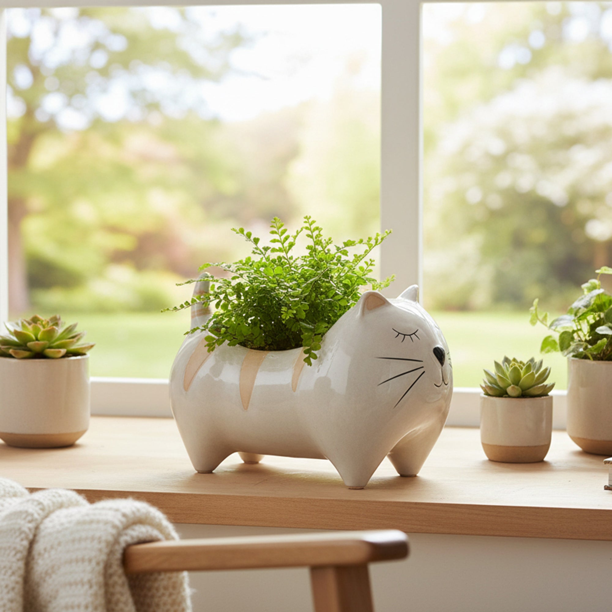 Striped Cat-Shaped Ceramic Planter - Set of 2