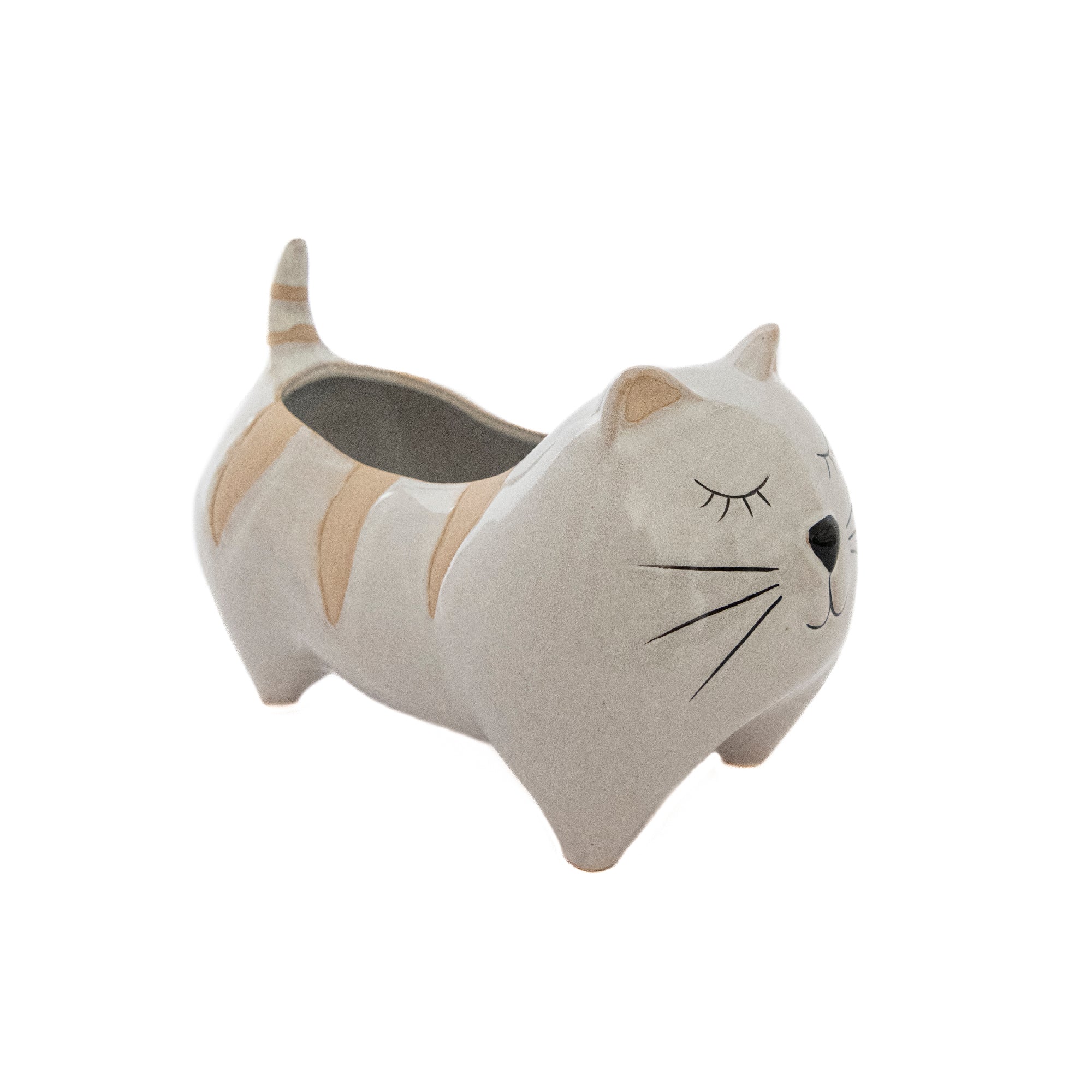 Striped Cat-Shaped Ceramic Planter - Set of 2