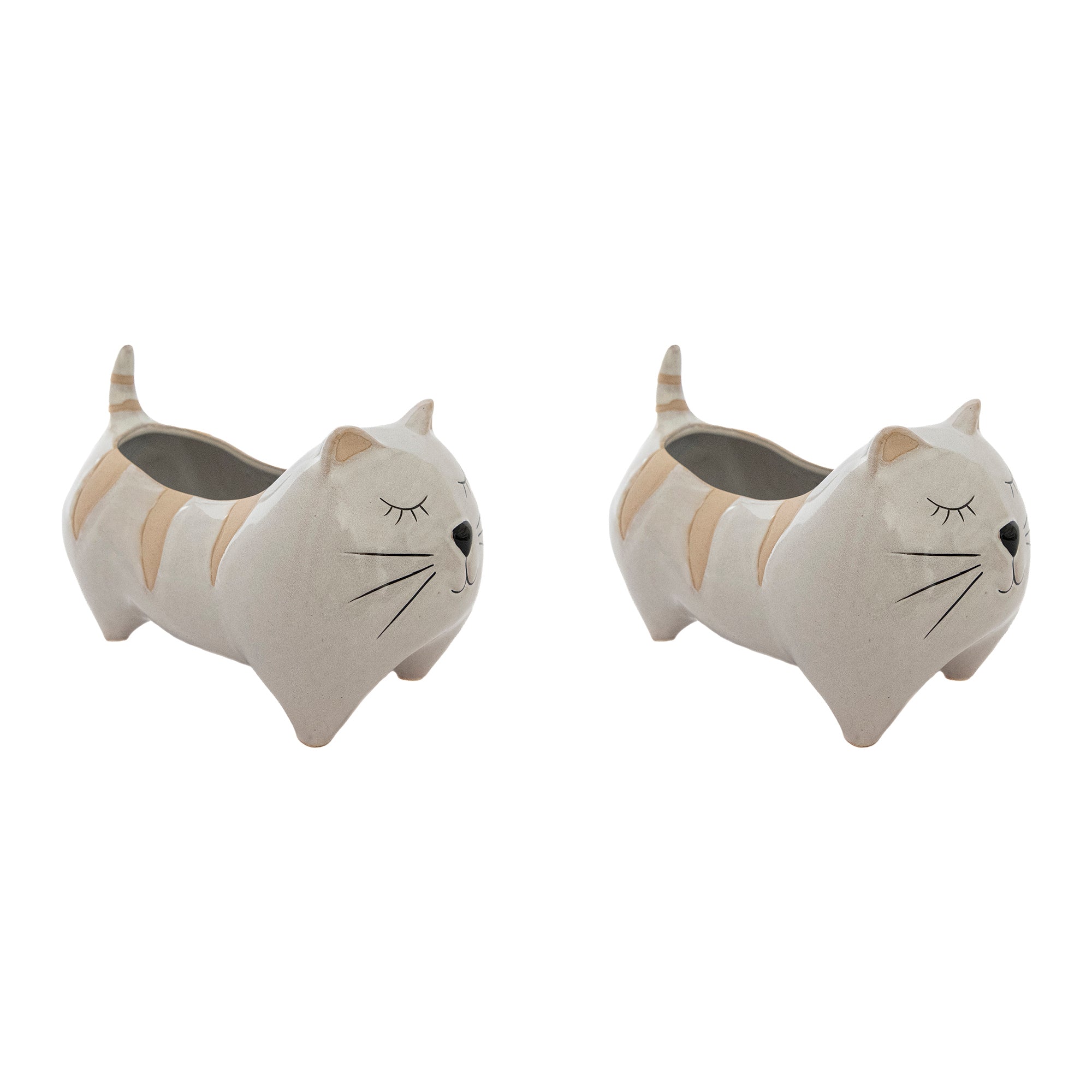 Striped Cat-Shaped Ceramic Planter - Set of 2