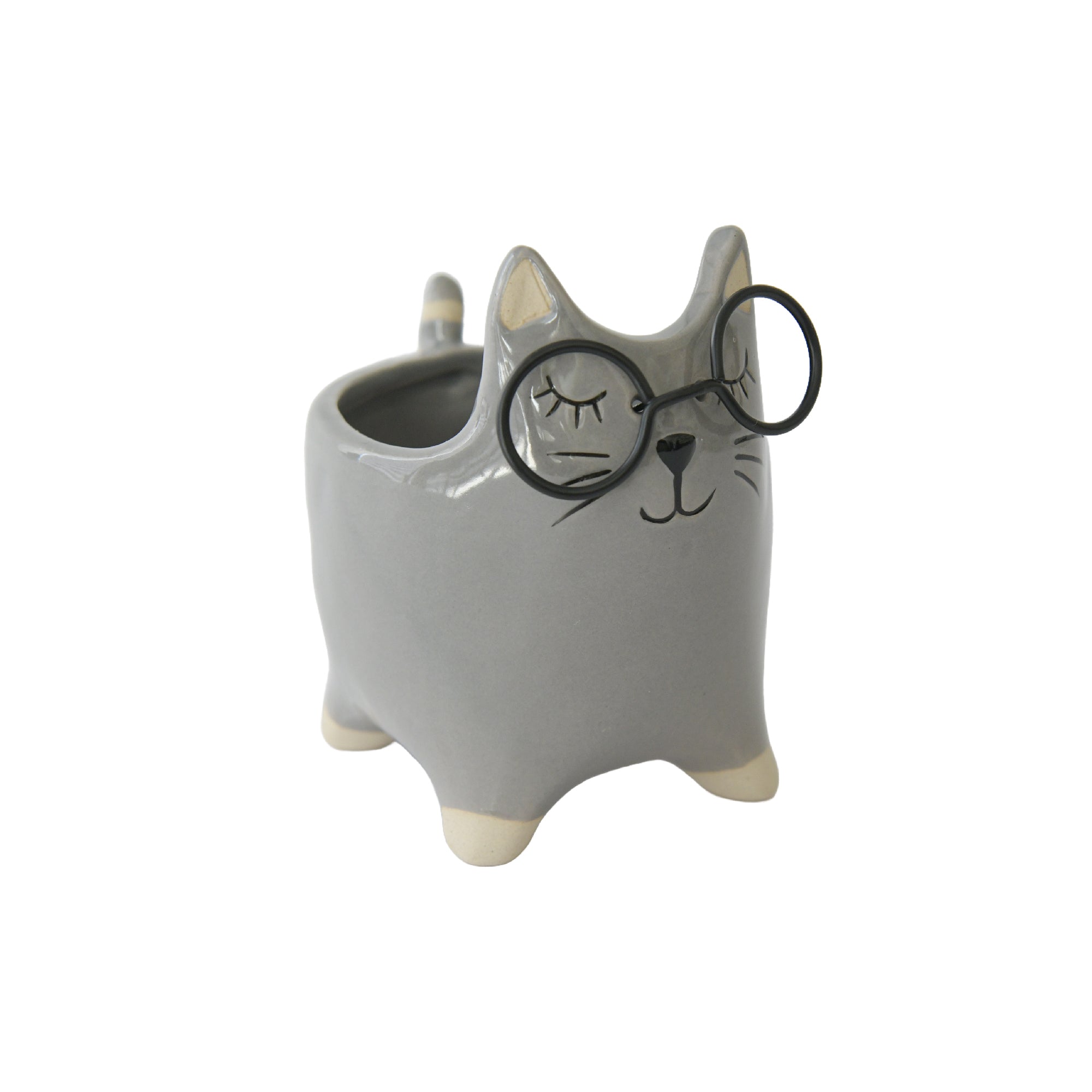 Cat Ceramic Planter Wearing Glasses Design - Set of 2