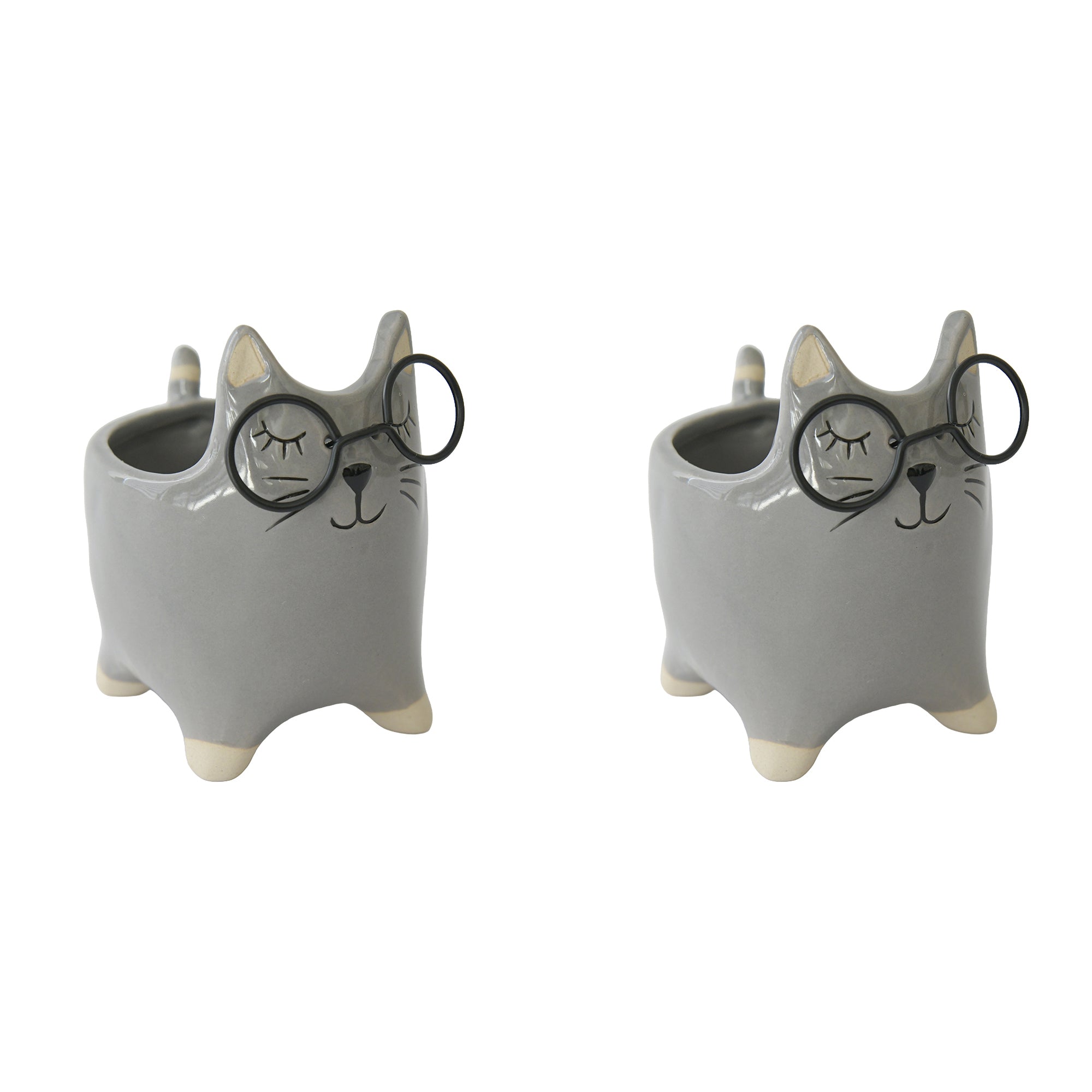 Cat Ceramic Planter Wearing Glasses Design - Set of 2