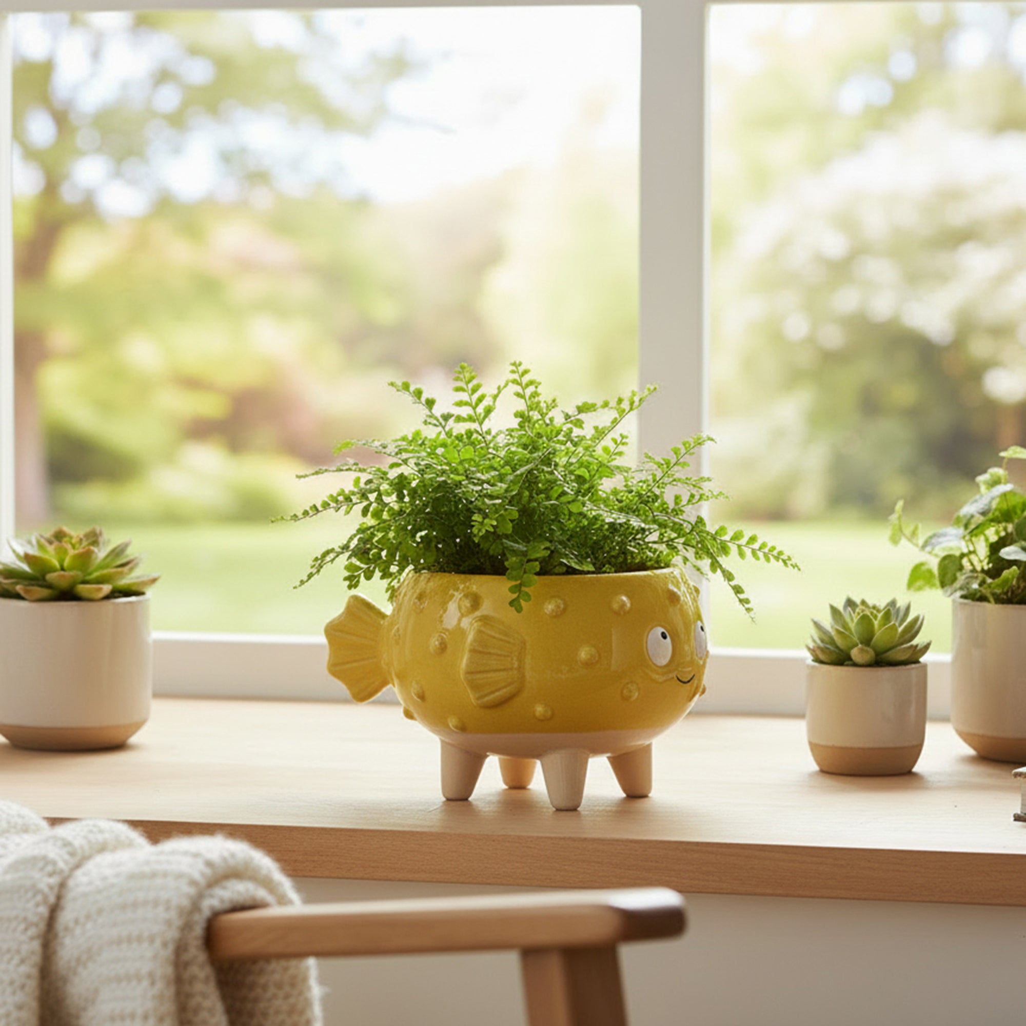Small Puffer Fish-Shaped Ceramic Planter - Set of 2