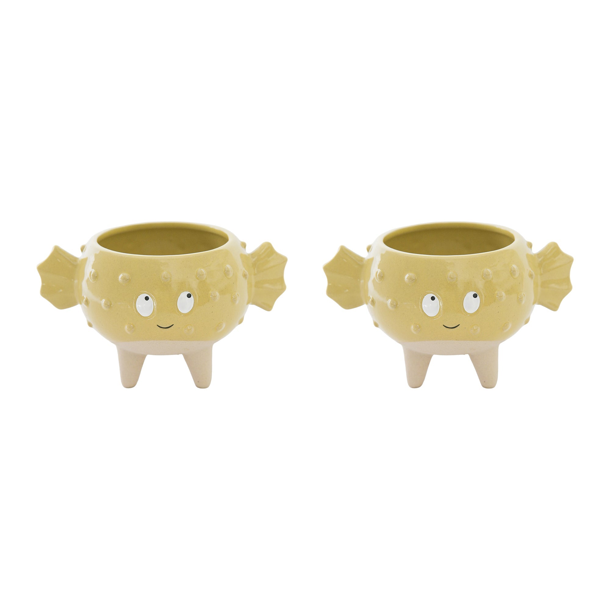 Small Puffer Fish-Shaped Ceramic Planter - Set of 2