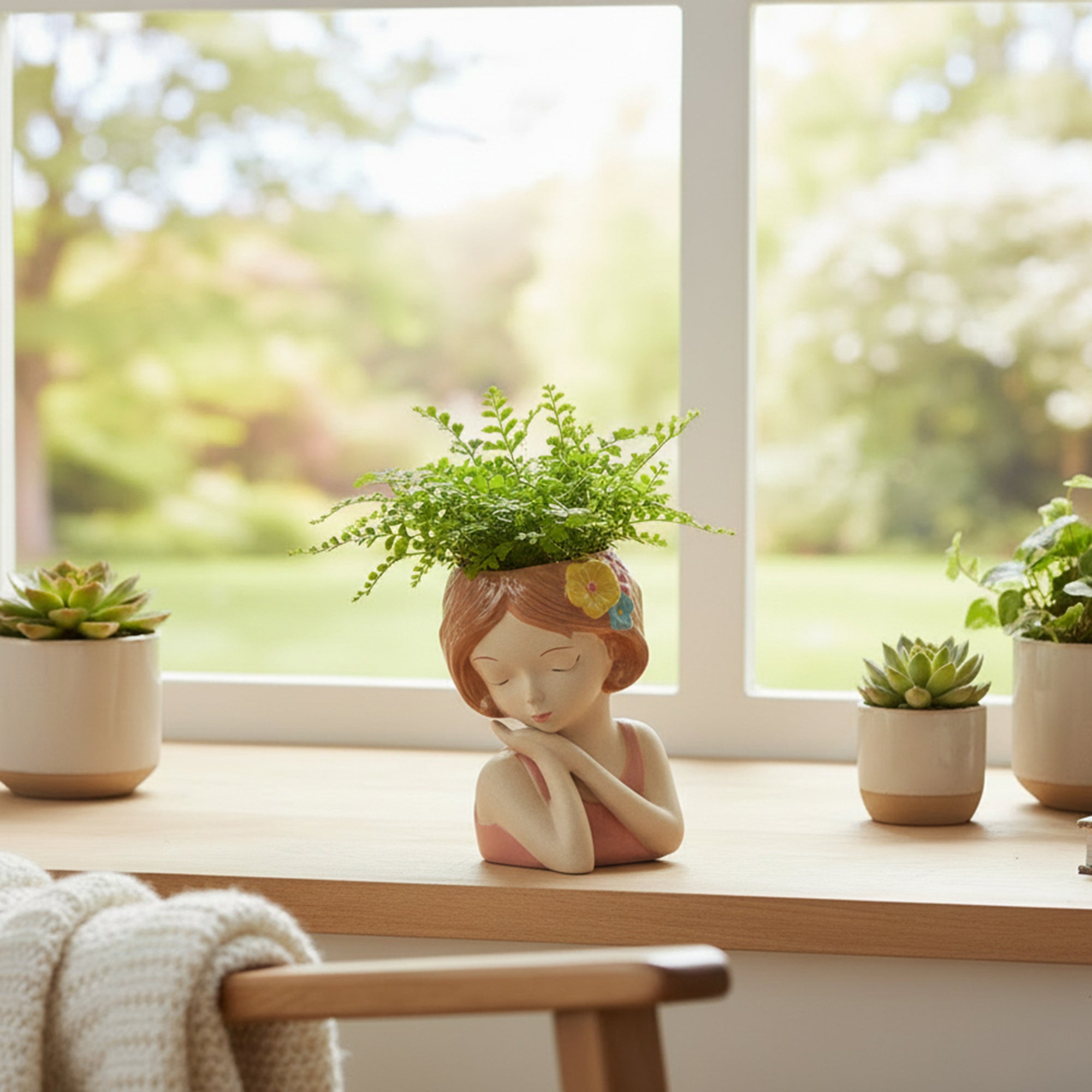 Serene Flower Girl Ceramic Planter Figurine - Set of 2