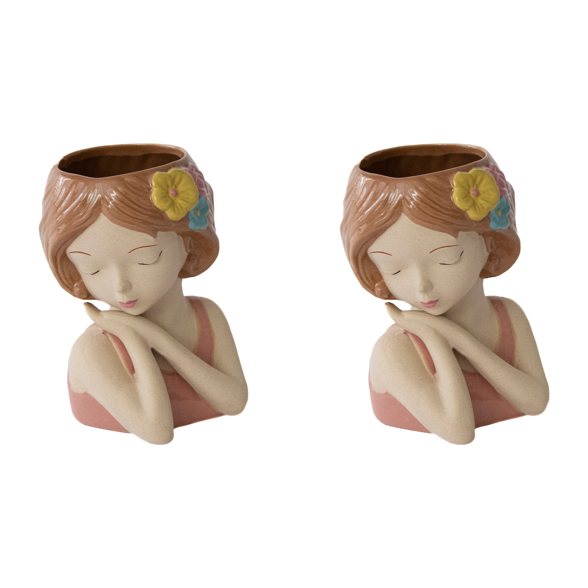 Serene Flower Girl Ceramic Planter Figurine - Set of 2