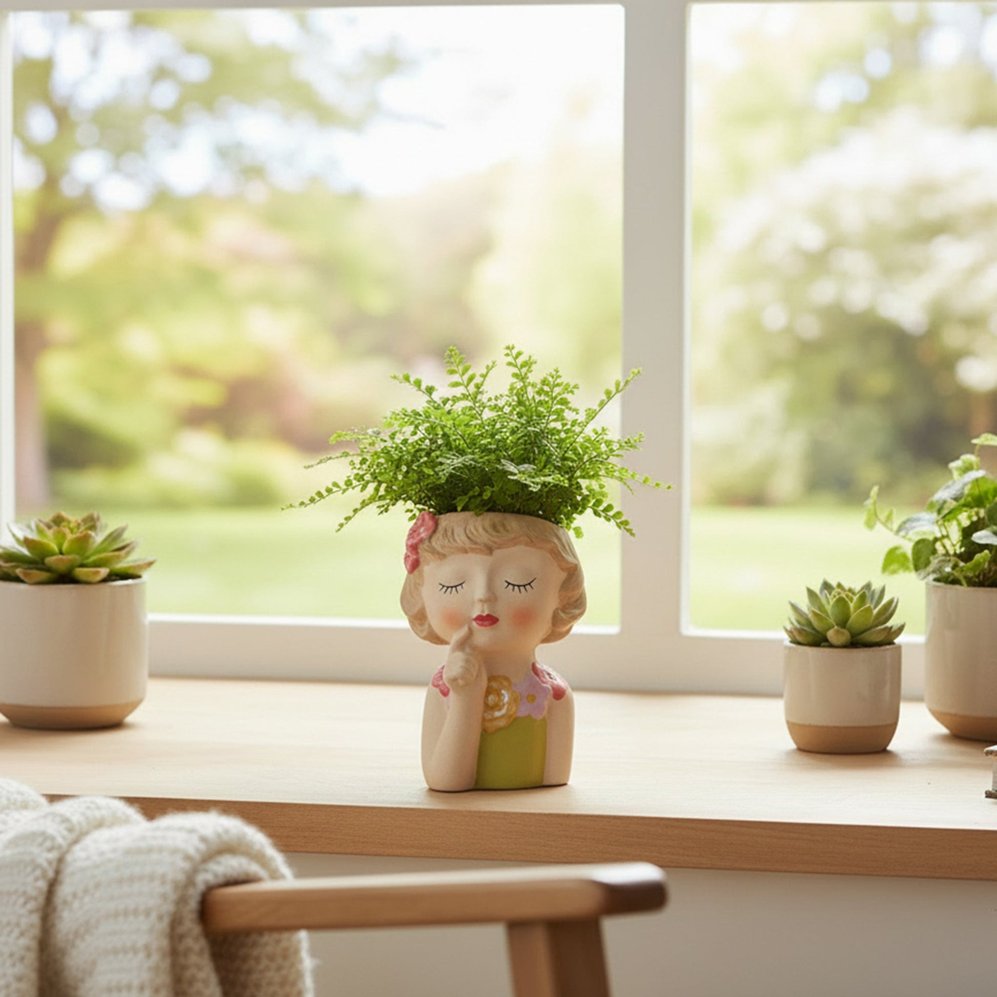 Dreamy Flower Girl Ceramic Planter Figurine - Set of 2