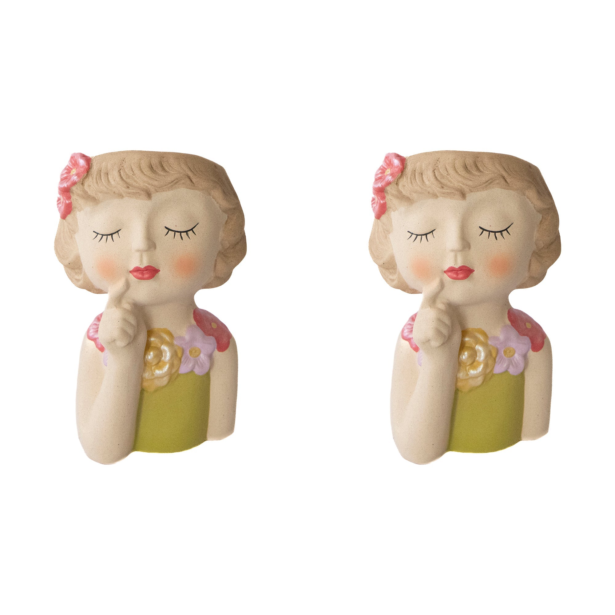 Dreamy Flower Girl Ceramic Planter Figurine - Set of 2