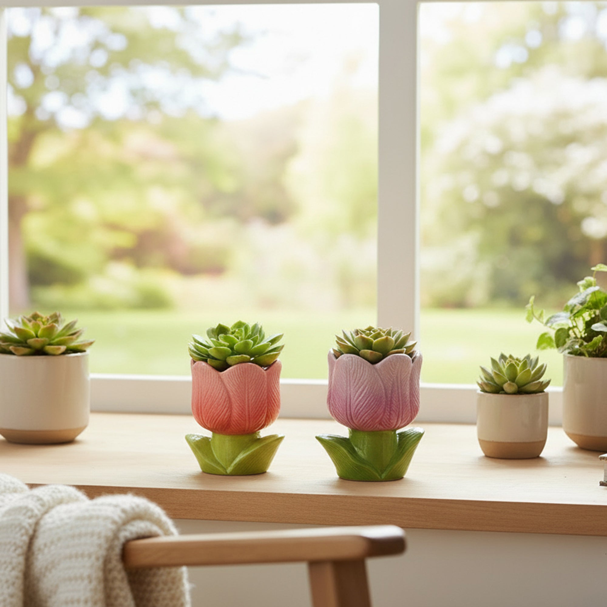 Pink & Purple Tulip Bloom Ceramic Cup Planter - Set of 2