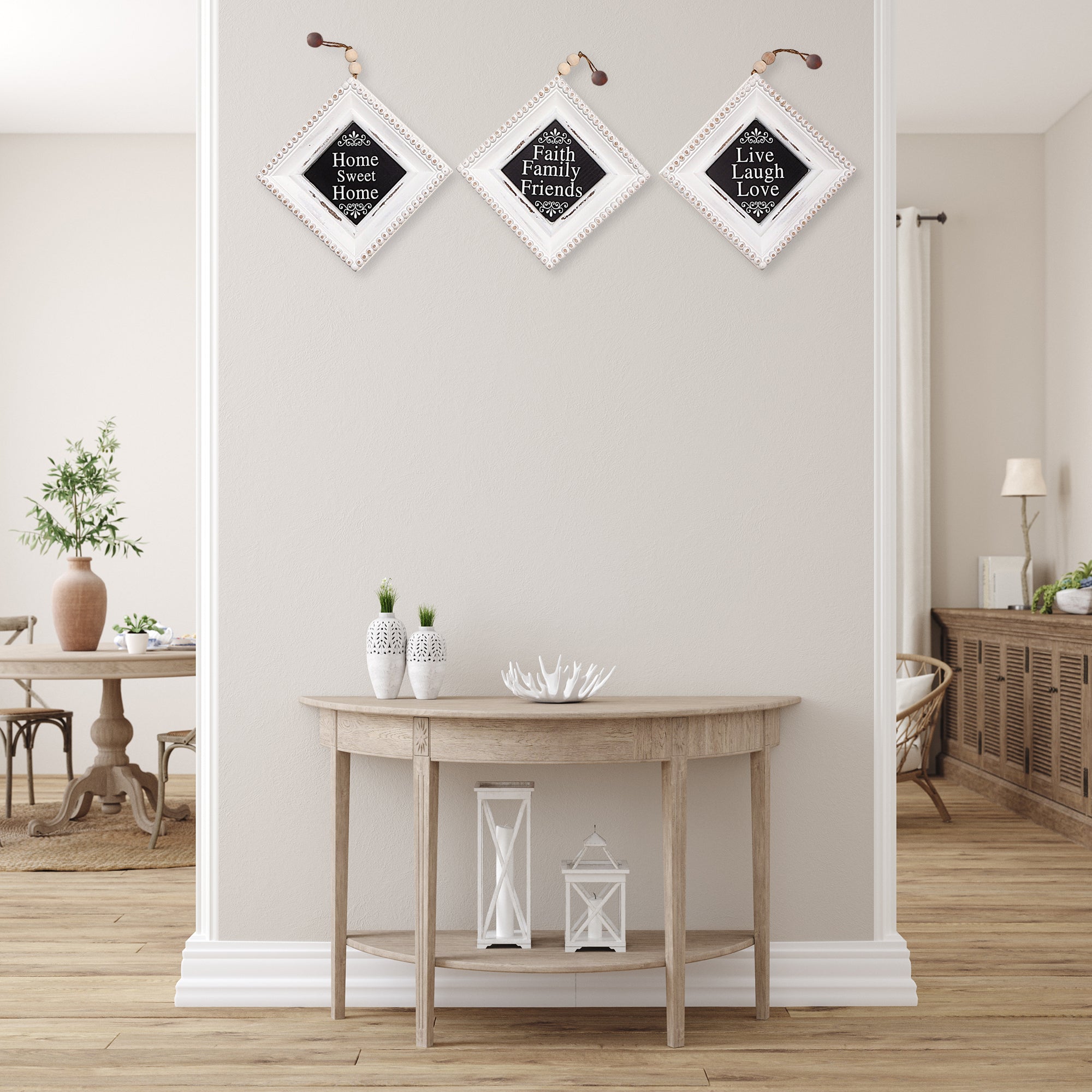 Wooden Beaded Rhombus Inspirational Sign Set Of 3, Motivational Wall Decor, Home Accent