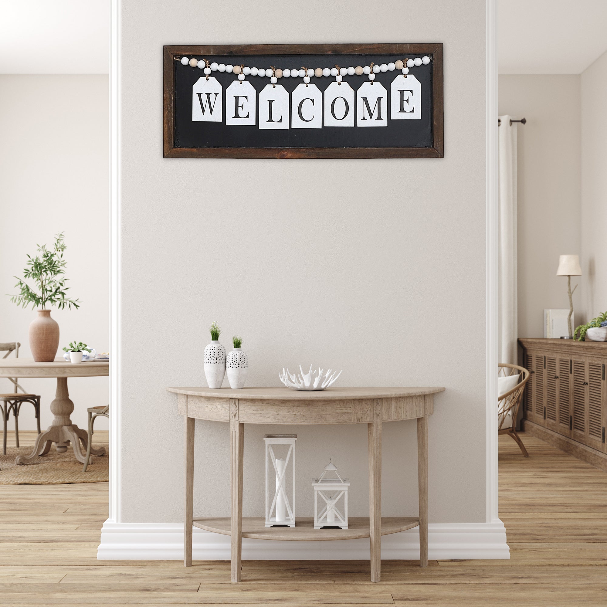 Framed Wood Hanging Beaded Welcome Sign, Rustic Wall Decor, Farmhouse Accent