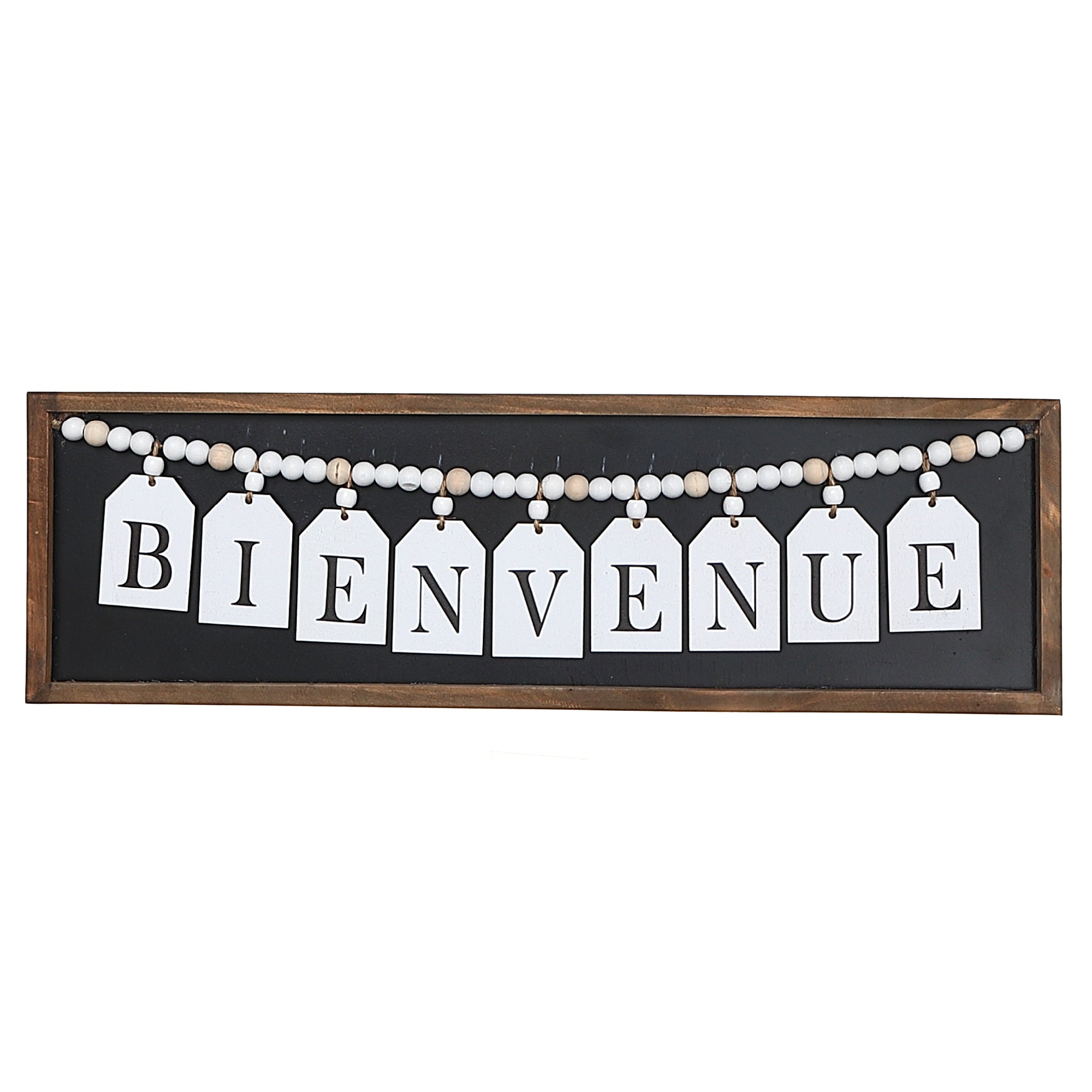 Framed Wood Hanging Beaded Bienvenue Sign, Rustic Wall Decor, Farmhouse Accent