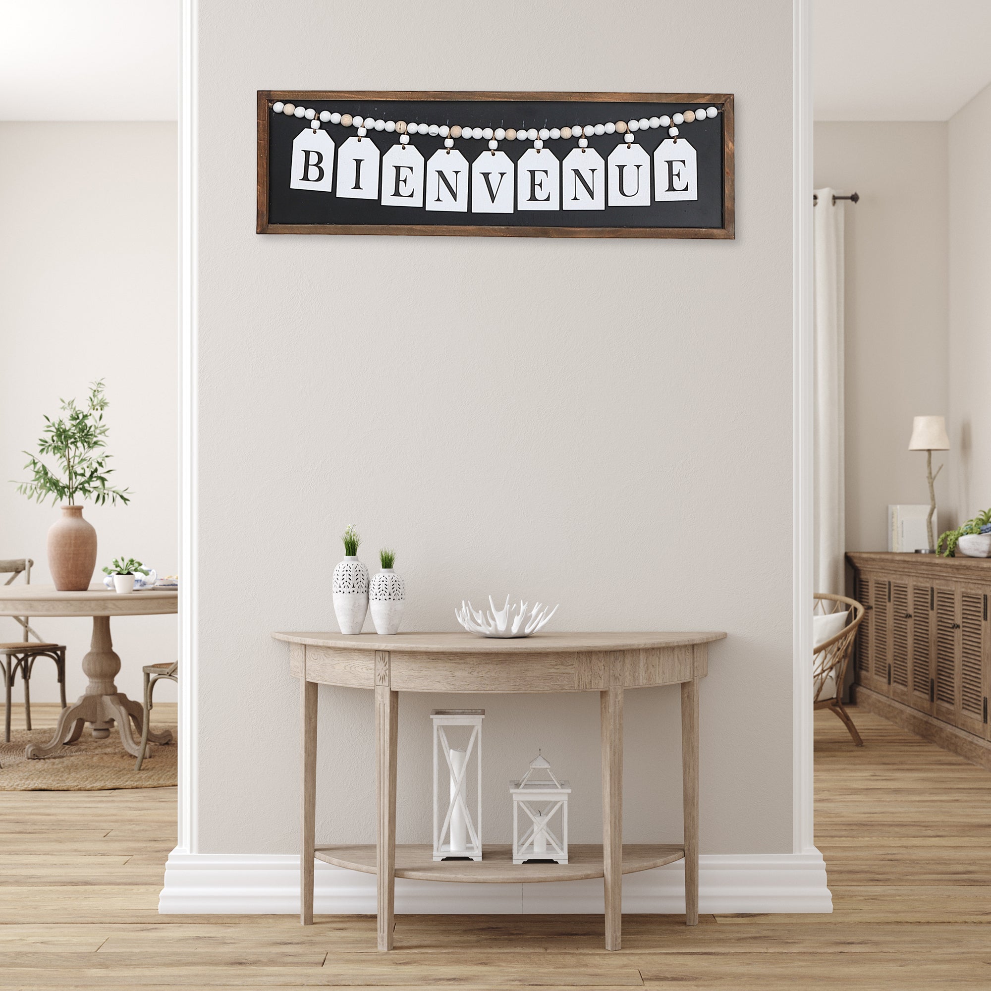 Framed Wood Hanging Beaded Bienvenue Sign, Rustic Wall Decor, Farmhouse Accent
