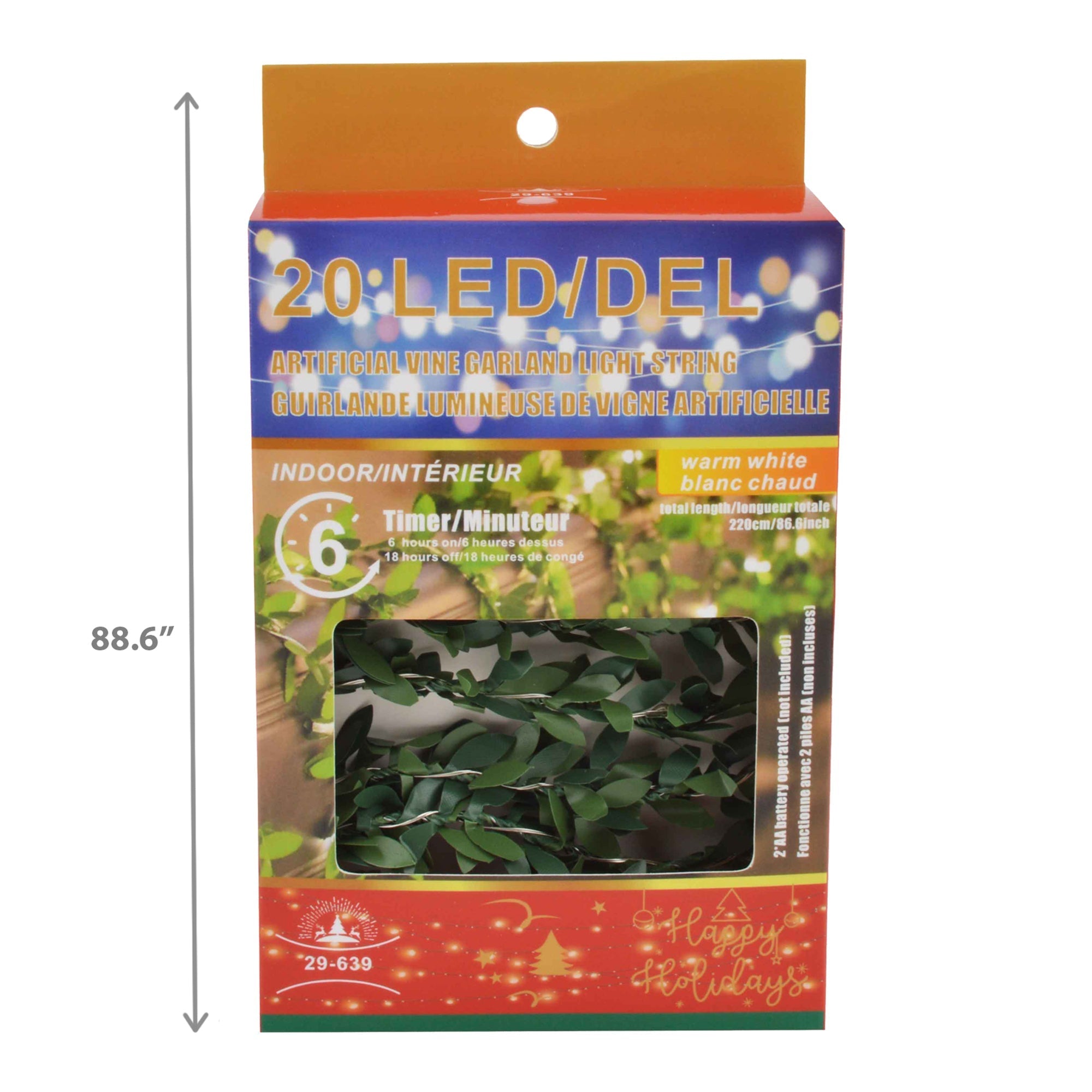 20 LED Indoor Vine Garland Light String with 6 Hour Timer, Warm White, Holiday Christmas Decoration, Set of 12