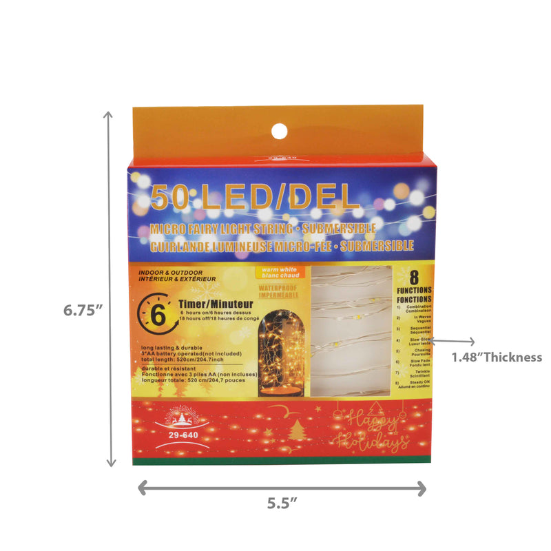 50Led In/Out Submersible Fairy Lightstring 6Hr Timer Warm White - Set of 12