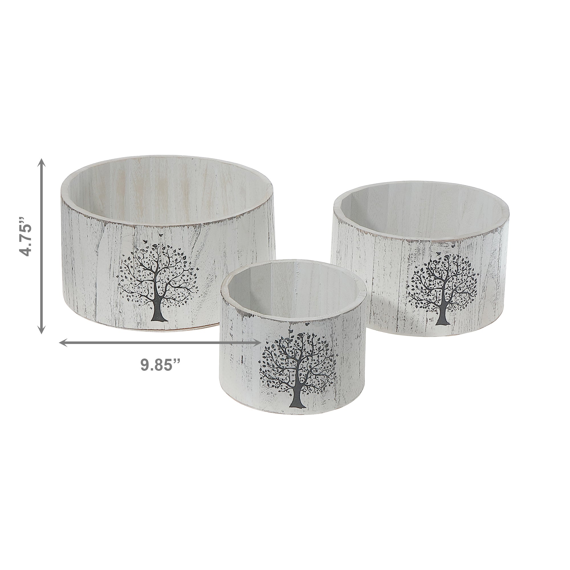 Set of 3 White Wooden Round Planters with Tree Motif