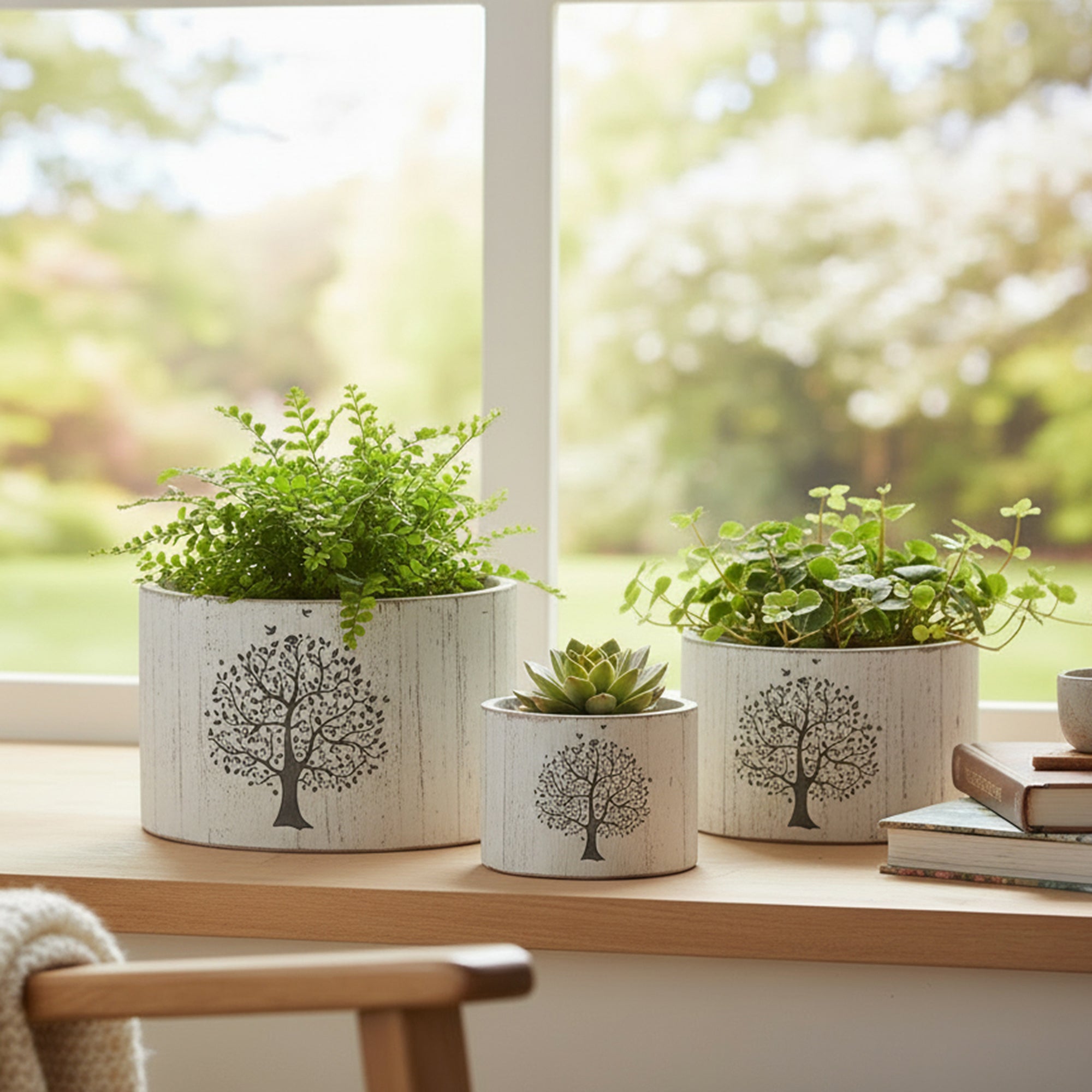 Set of 3 White Wooden Round Planters with Tree Motif