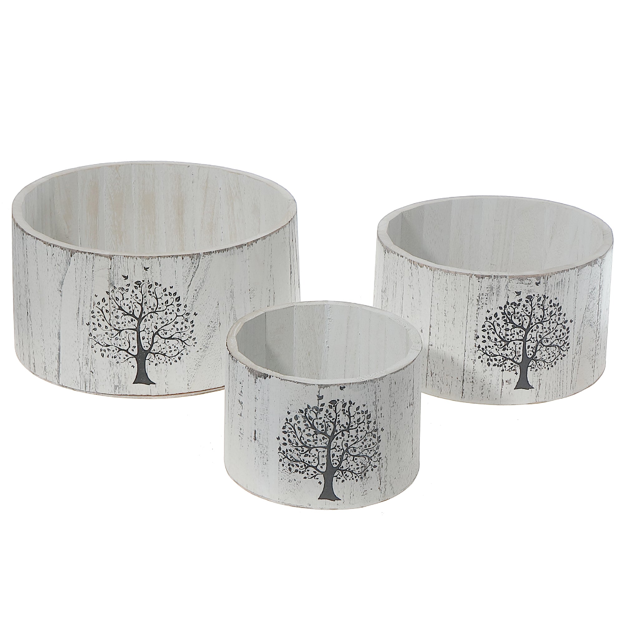 Set of 3 White Wooden Round Planters with Tree Motif