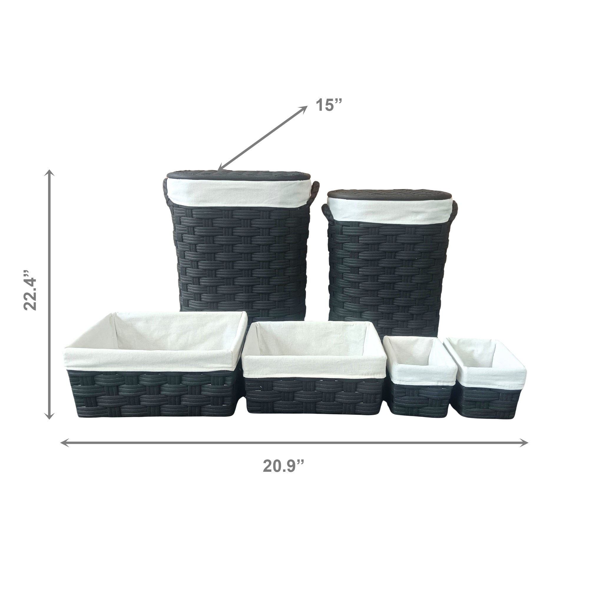 Set of 6 Black Non-Woven Oval Hampers & Baskets