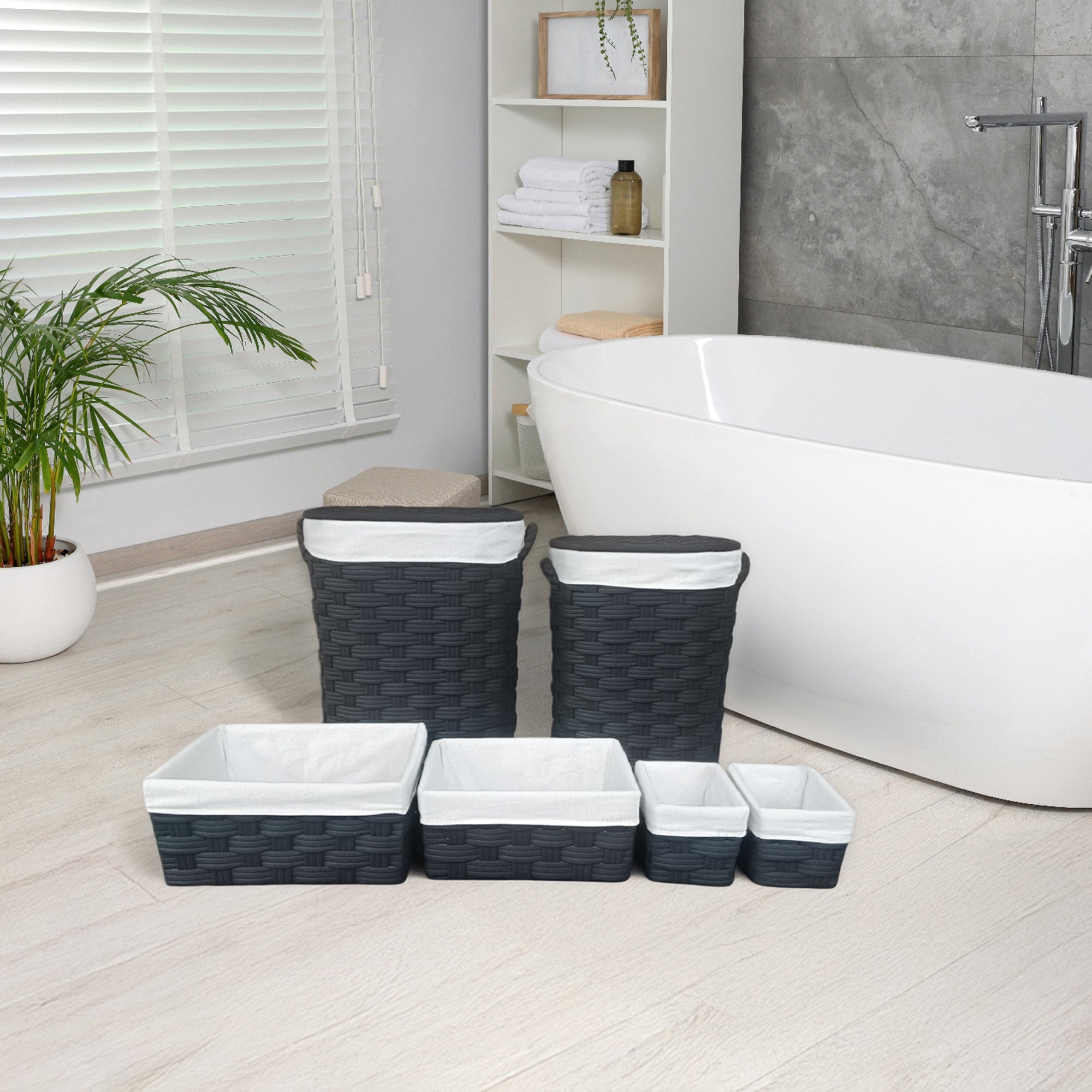 Set of 6 Black Non-Woven Oval Hampers & Baskets