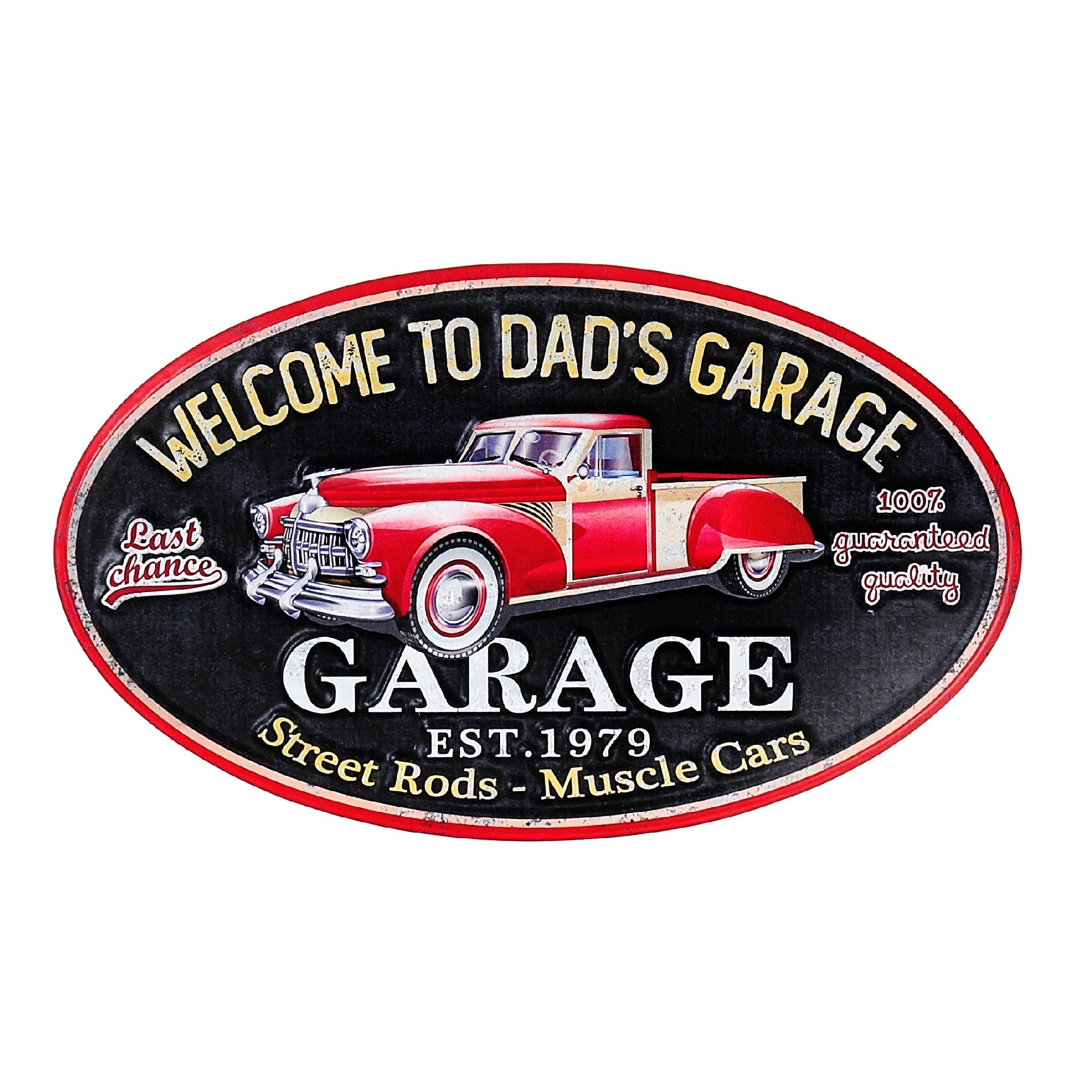Embossed Oval Metal Sign Welcome To Dad's Garage, Vintage Wall Decor, Garage Accent