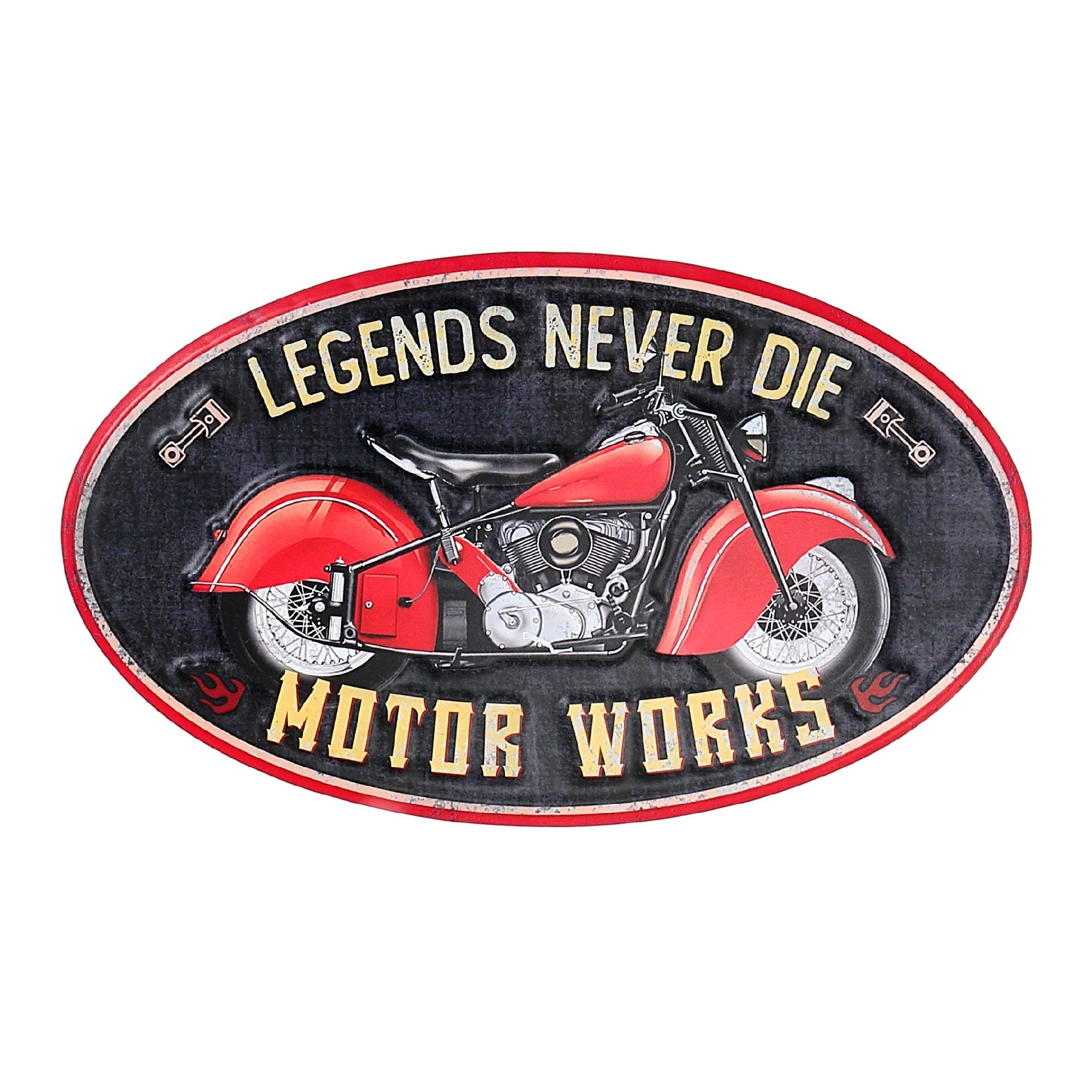 Embossed Oval Metal Sign Legends Never Die, Inspirational Wall Decor, Man Cave Accent