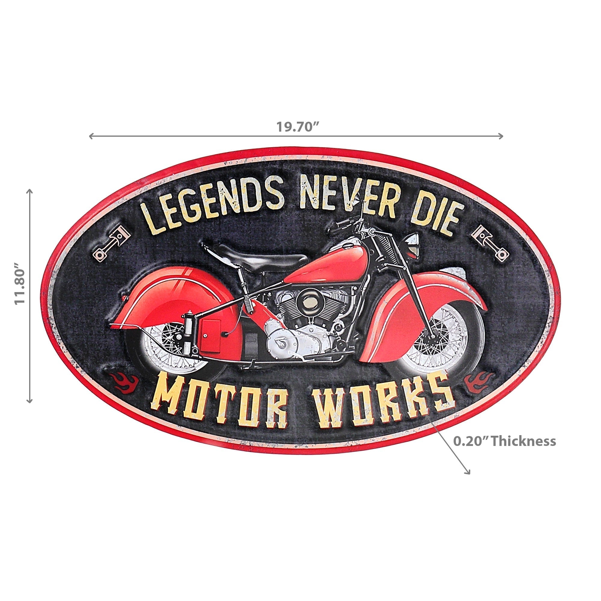 Embossed Oval Metal Sign Legends Never Die, Inspirational Wall Decor, Man Cave Accent