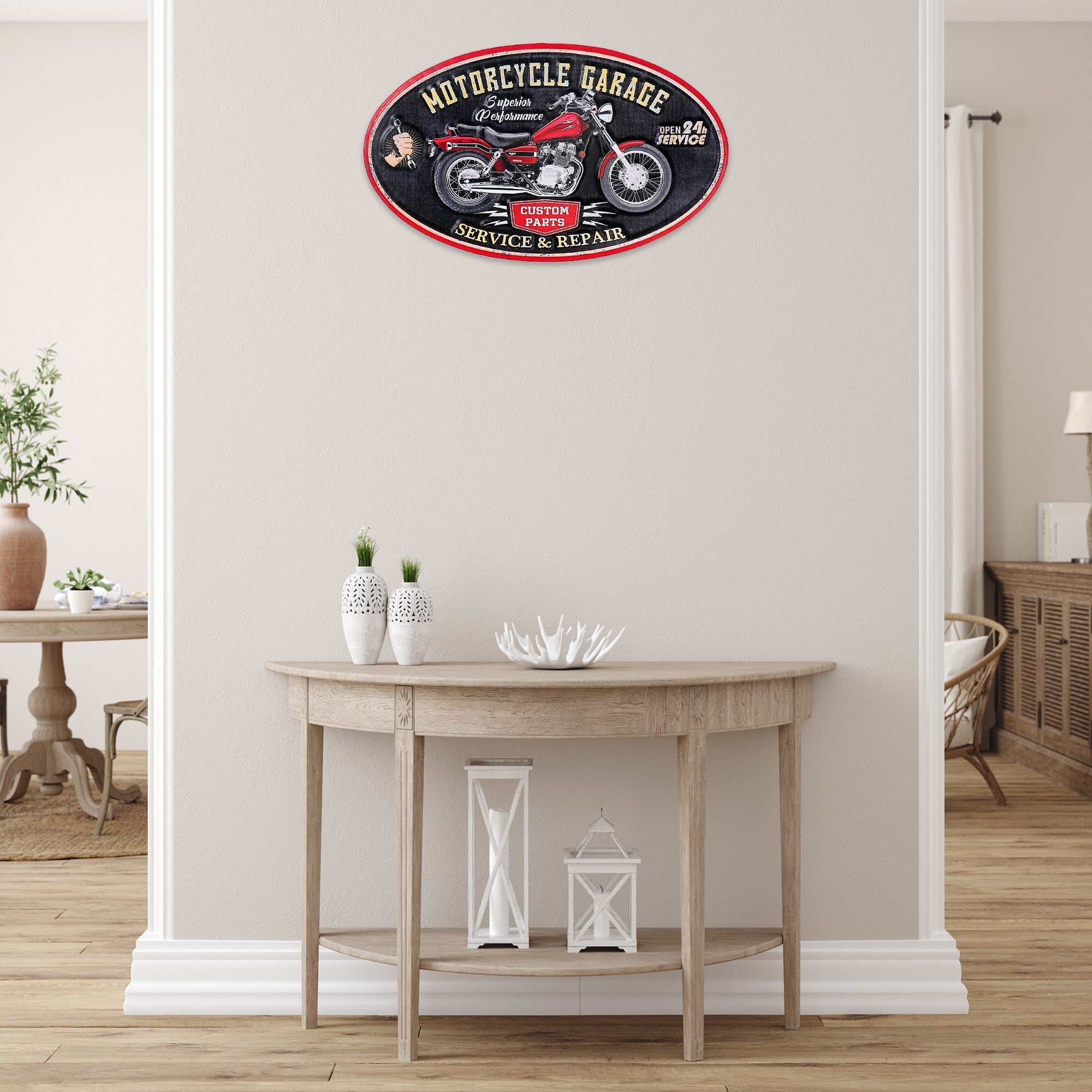 Embossed Oval Metal Sign Motorcycle Garage, Vintage Wall Art, Man Cave Decor
