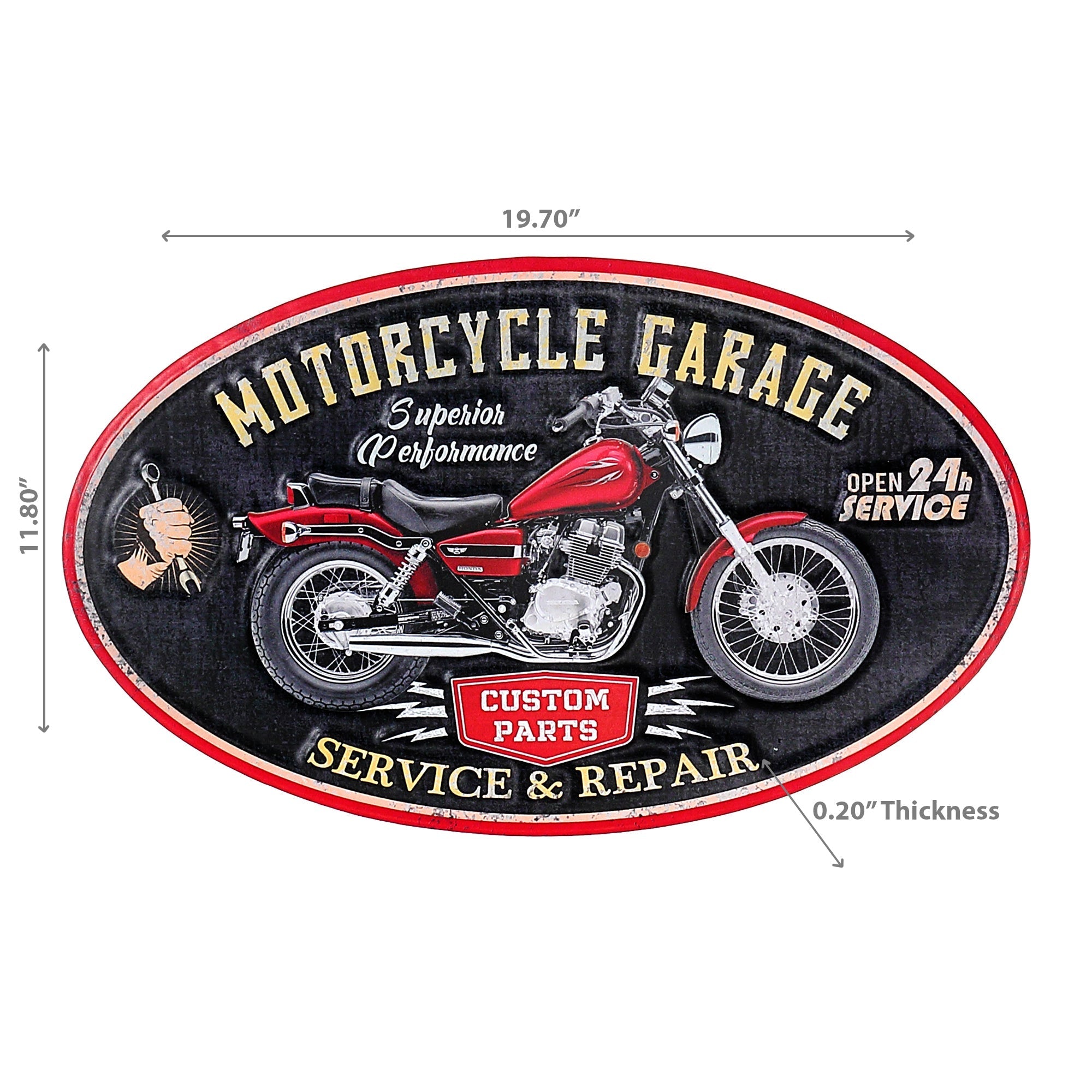 Embossed Oval Metal Sign Motorcycle Garage, Vintage Wall Art, Man Cave Decor