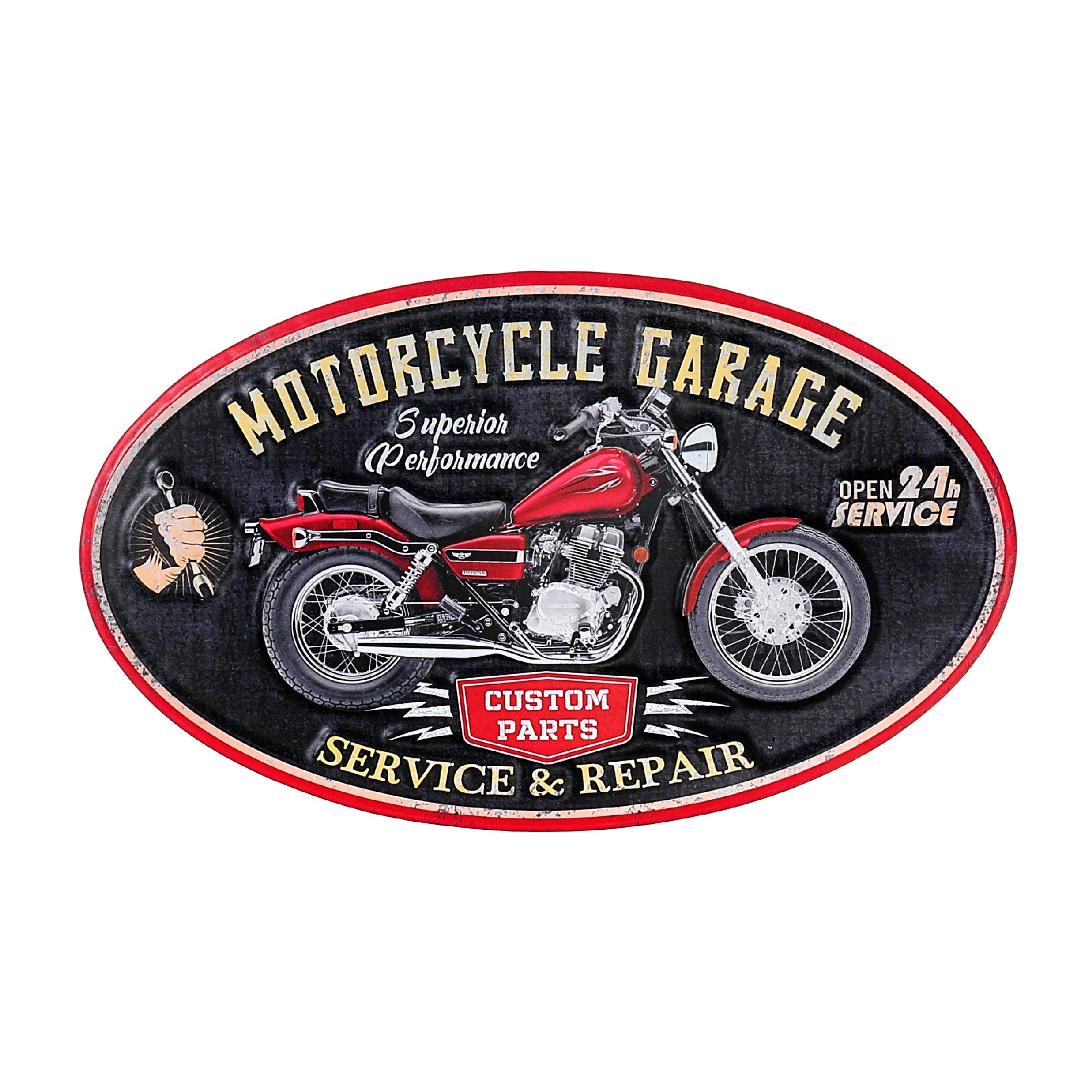 Embossed Oval Metal Sign Motorcycle Garage, Vintage Wall Art, Man Cave Decor