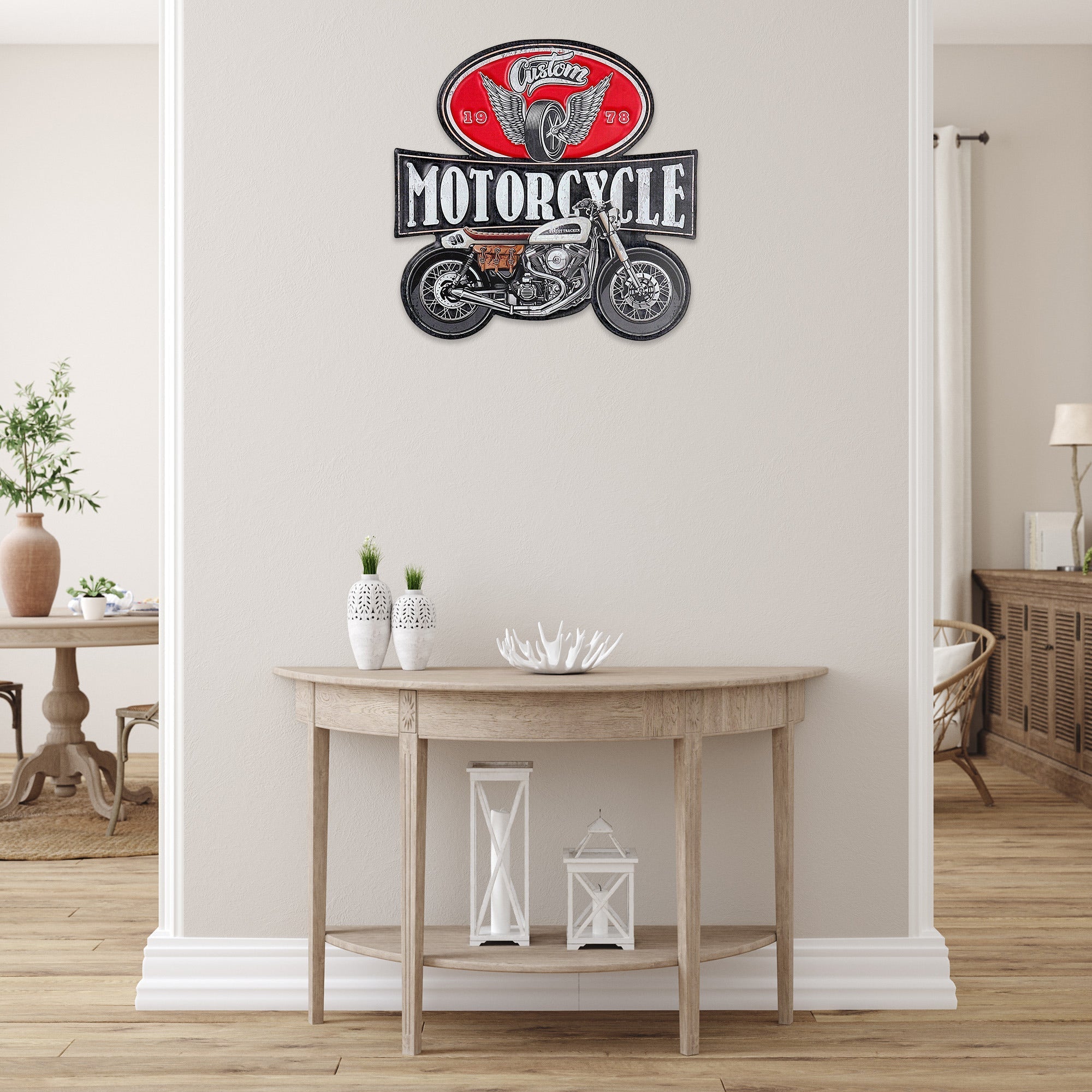 Embossed Metal Sign Motorcycle, Vintage Wall Decor, Man Cave Accent