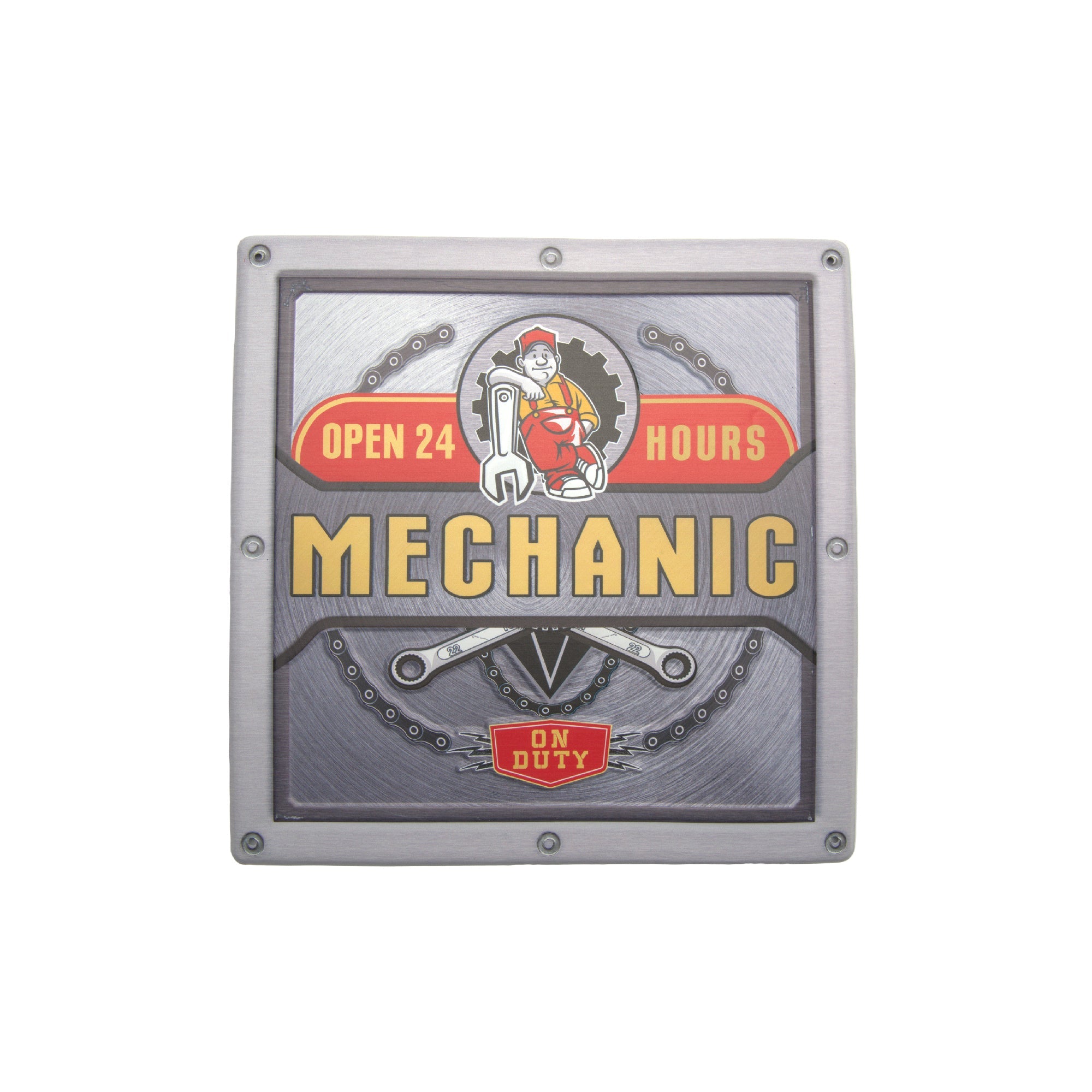Embossed Metal Wall Sign “24 Hrs Mechanic On Duty”