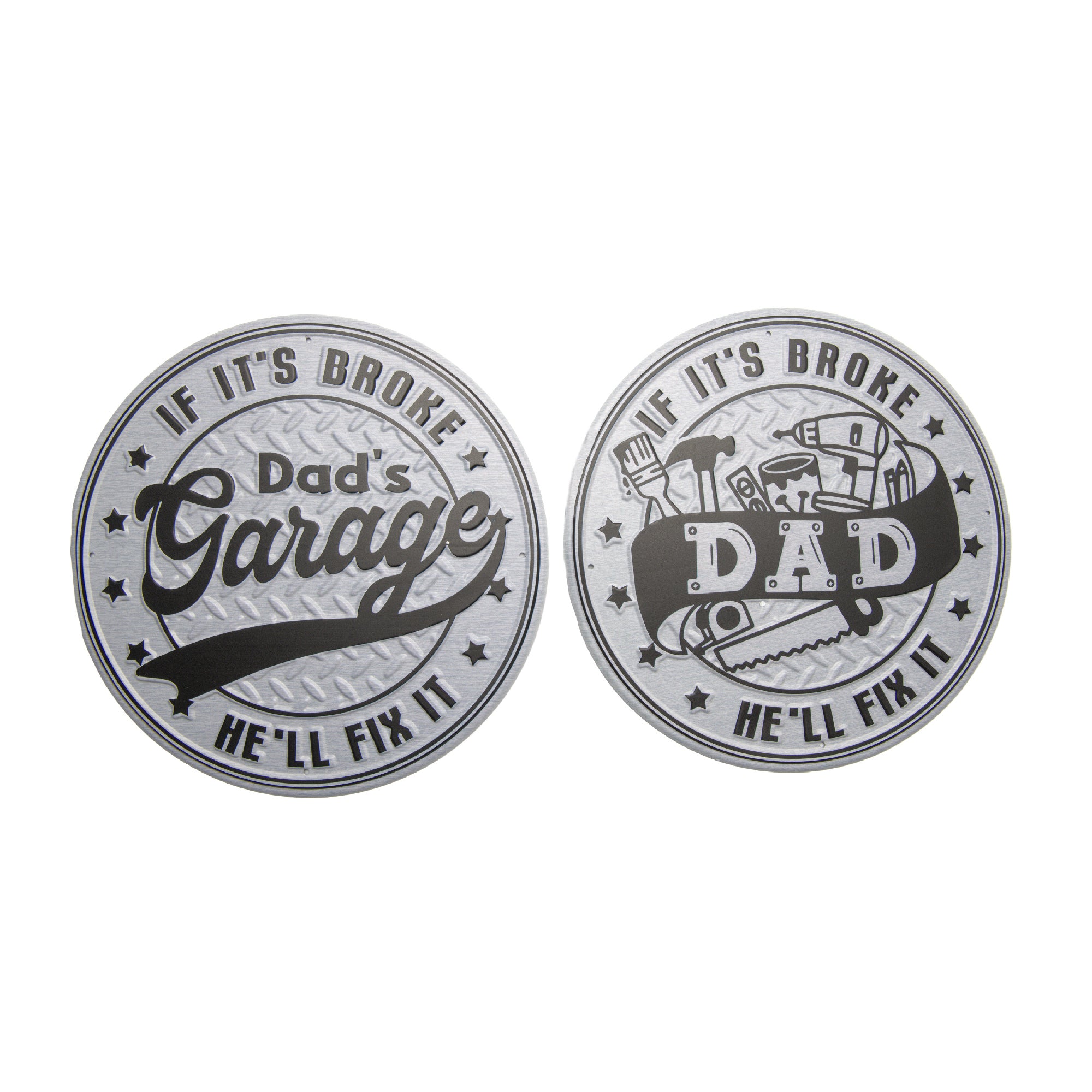 Assorted Embossed Metal Wall Signs “If It’s Broke He’ll Fix It” - Set of 2