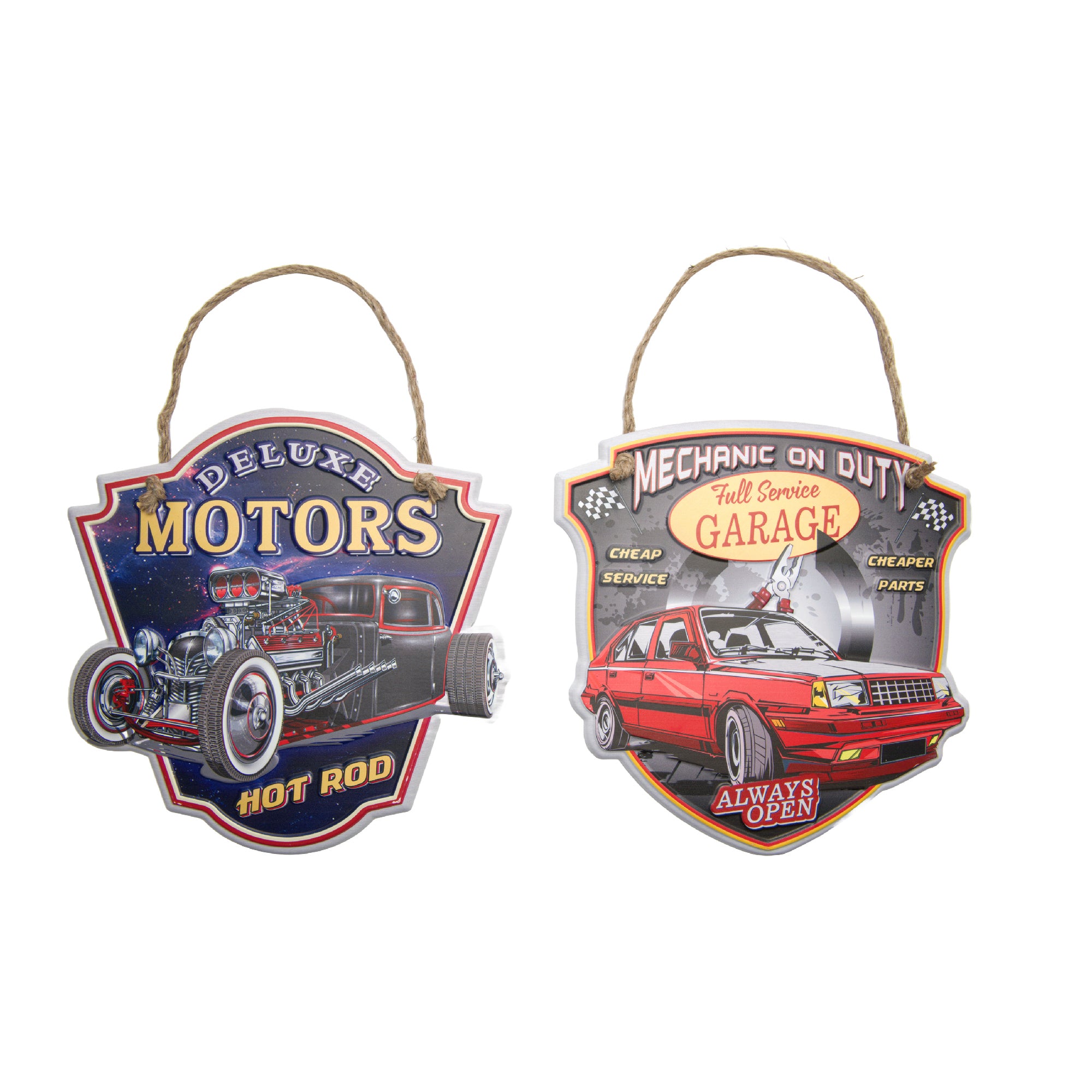 Assorted Embossed Metal Wall Signs “Motor/Garage Service” - Set of 2