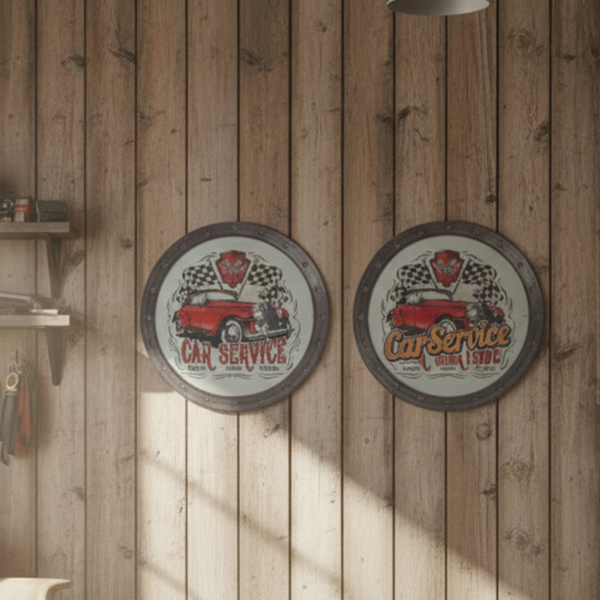 Assorted Round Metal Wall Signs “Car Service” - Set of 2