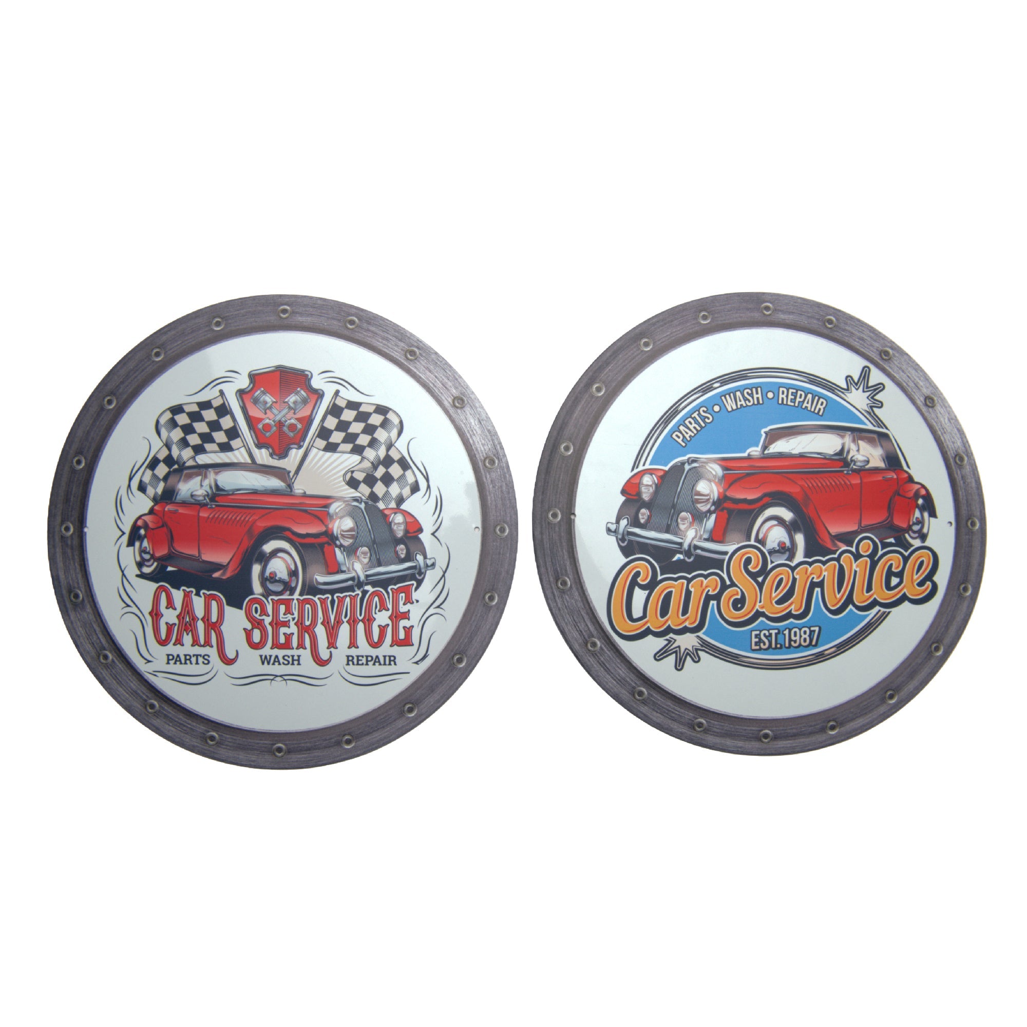 Assorted Round Metal Wall Signs “Car Service” - Set of 2