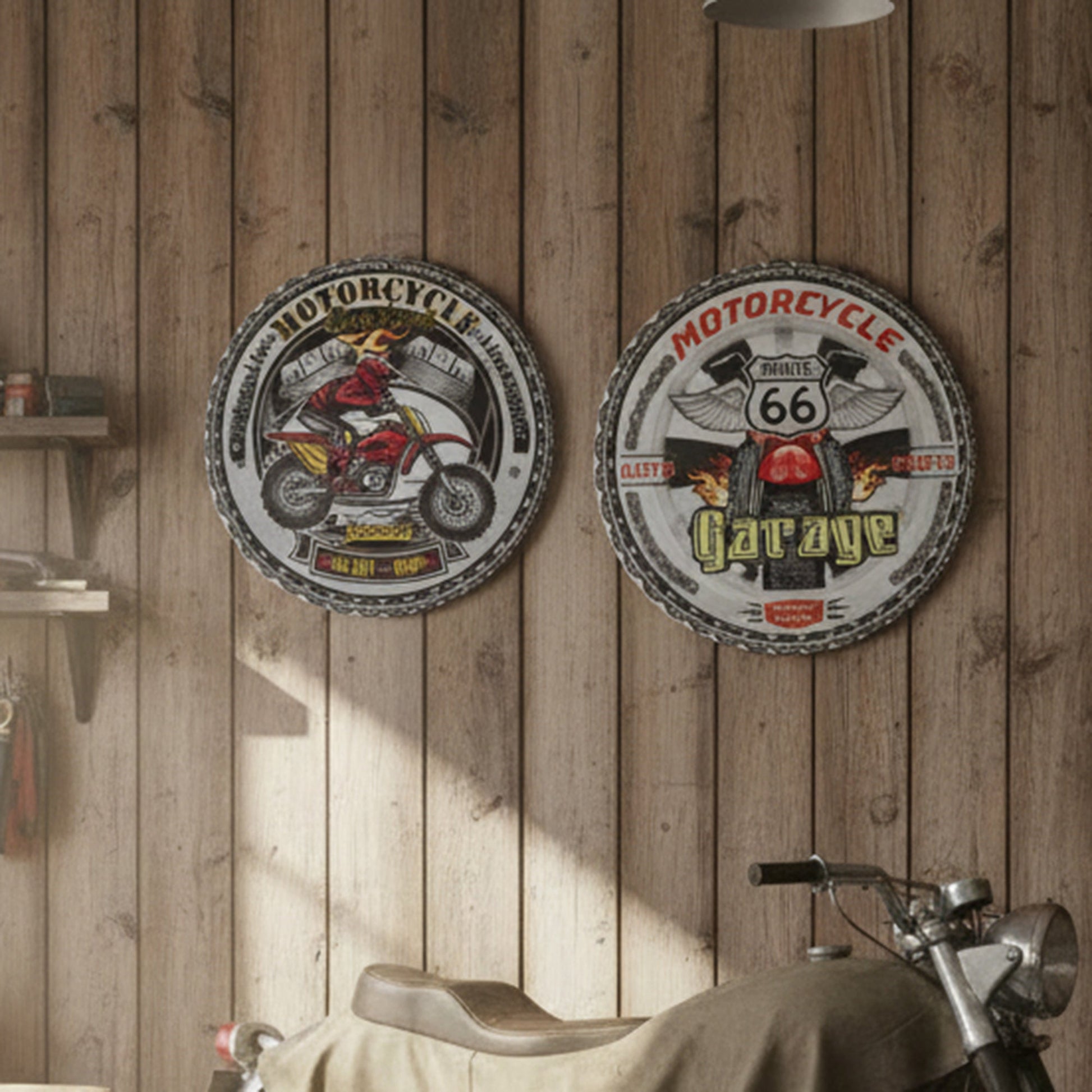 Assorted Round Metal Wall Signs “Motorcycle” - Set of 2