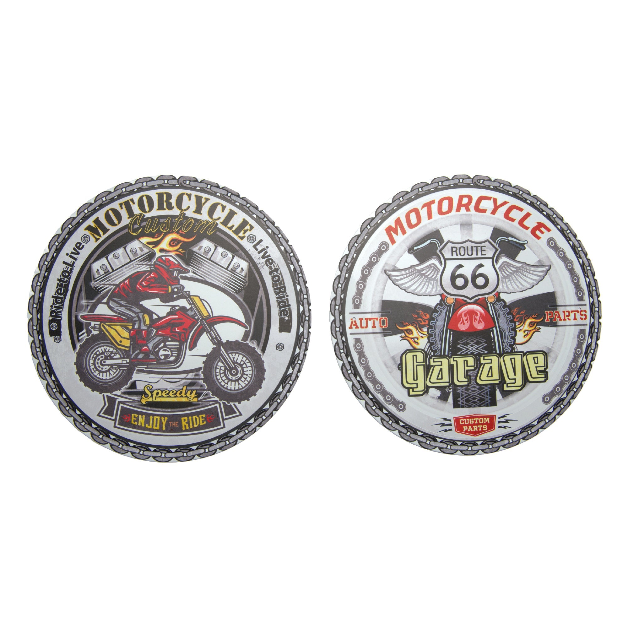 Assorted Round Metal Wall Signs “Motorcycle” - Set of 2