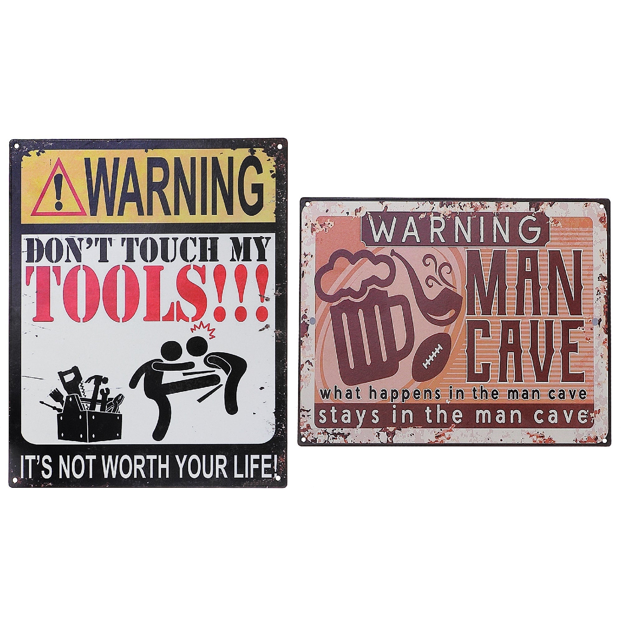 Embossed Metal Wall Sign Man Cave & Don'T Touch My Tools Set Of 2, Man Cave Metal Wall Sign Set Of 2, Garage Decor