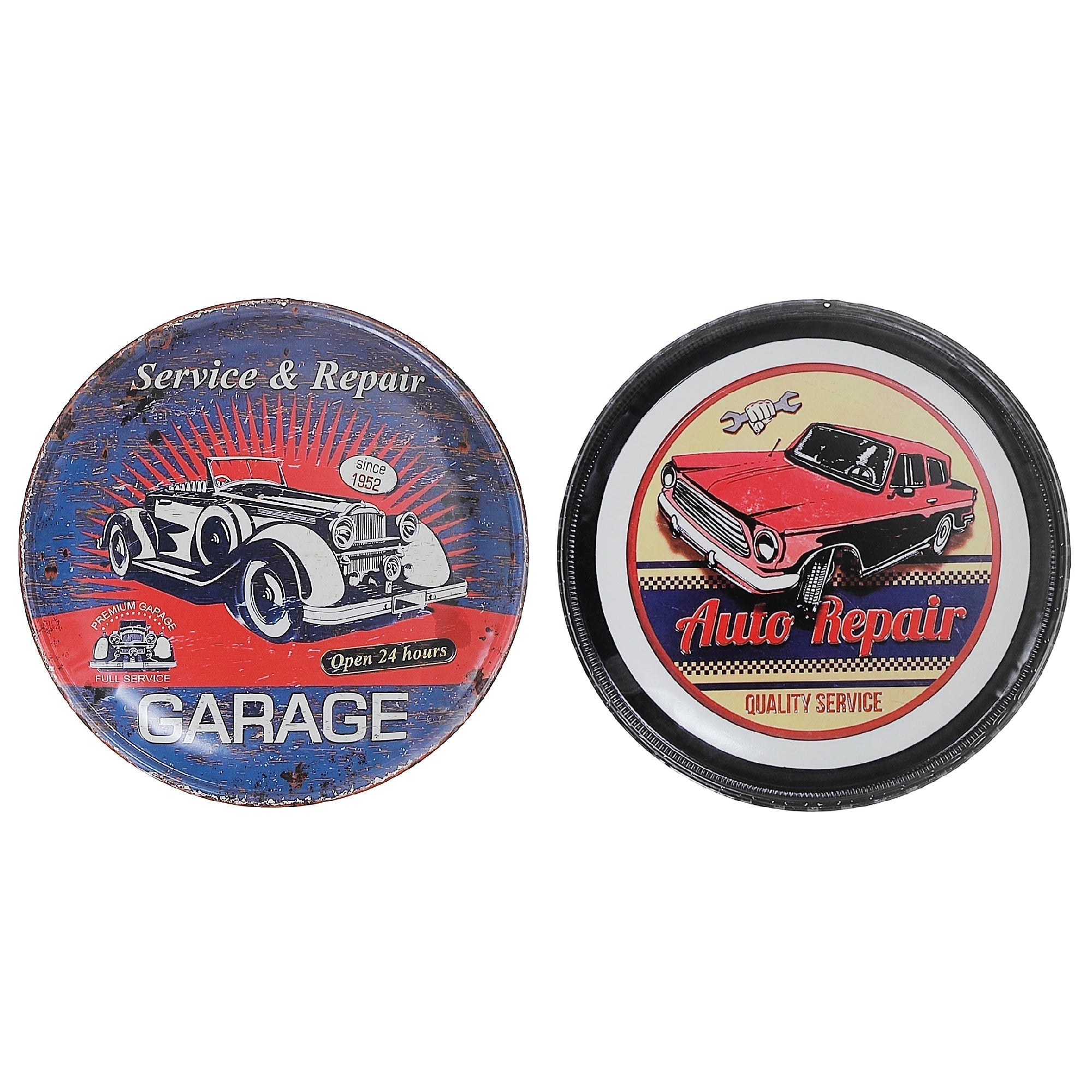 Embossed Round Metal Wall Sign Garage Auto Repair Set Of 2, Round Metal Garage Wall Sign Set Of 2, Auto Repair Decor
