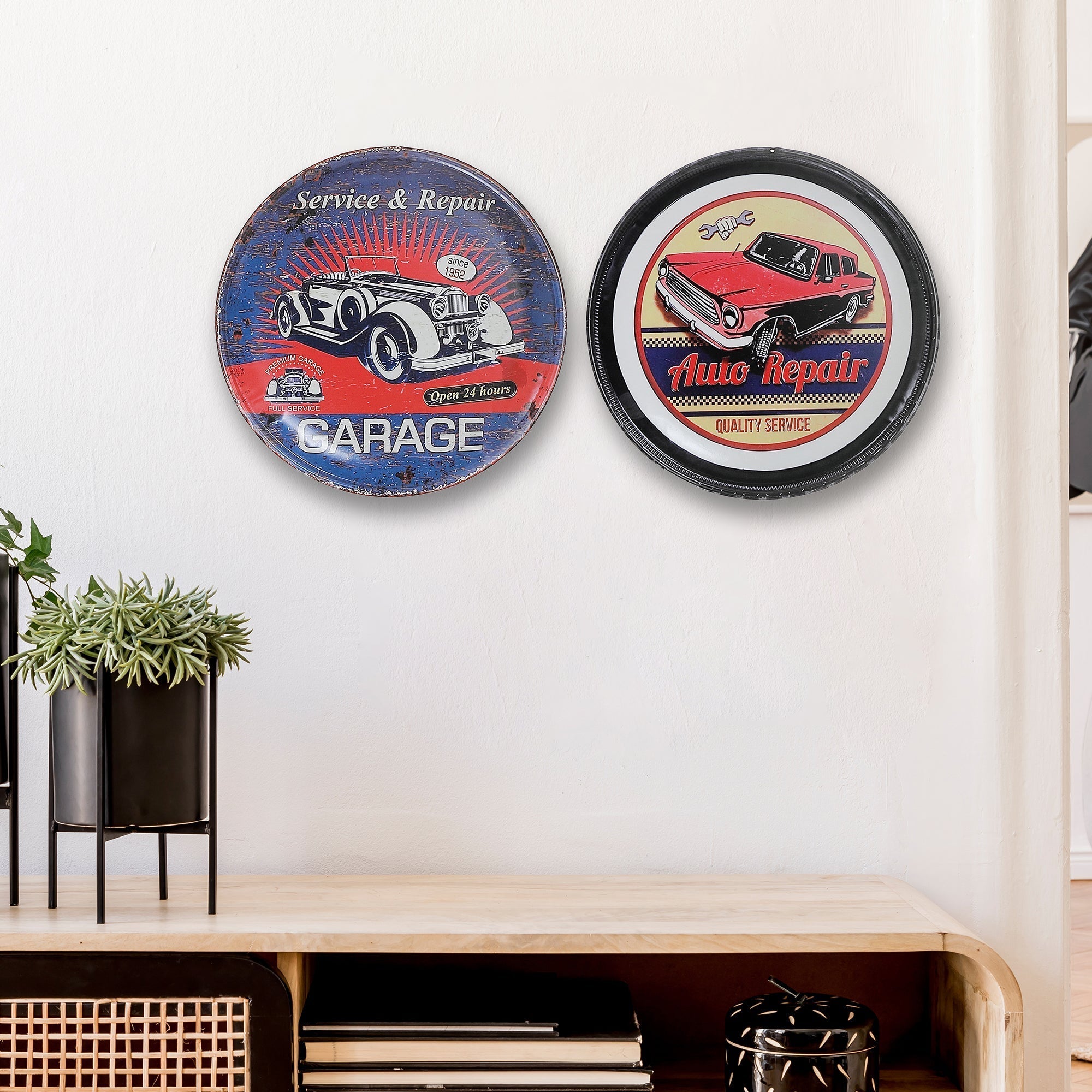 Embossed Round Metal Wall Sign Garage Auto Repair Set Of 2, Round Metal Garage Wall Sign Set Of 2, Auto Repair Decor
