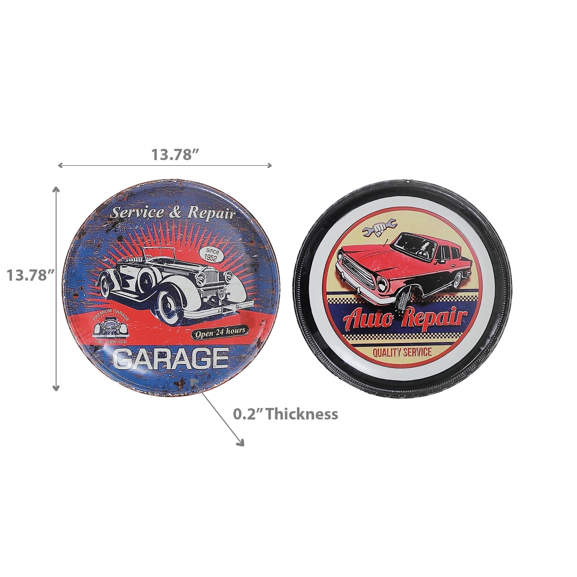 Embossed Round Metal Wall Sign Garage Auto Repair Set Of 2, Round Metal Garage Wall Sign Set Of 2, Auto Repair Decor