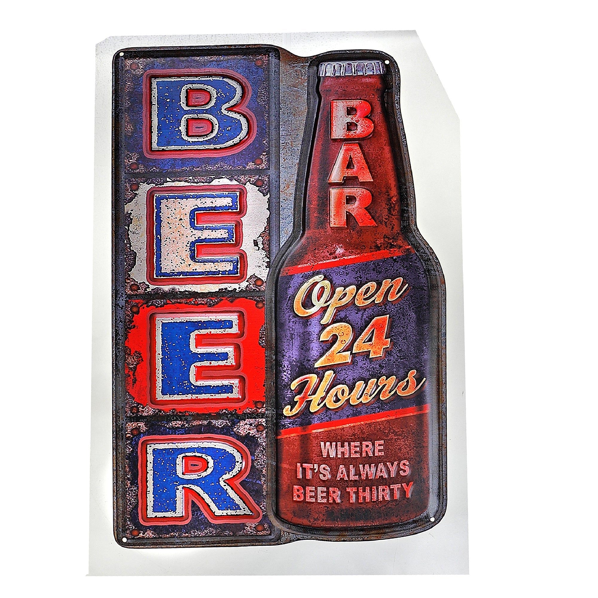 Embossed Metal Wall Sign Beer Open 24 Hours, Embossed Metal Beer Wall Sign, Bar And Man Cave Decor
