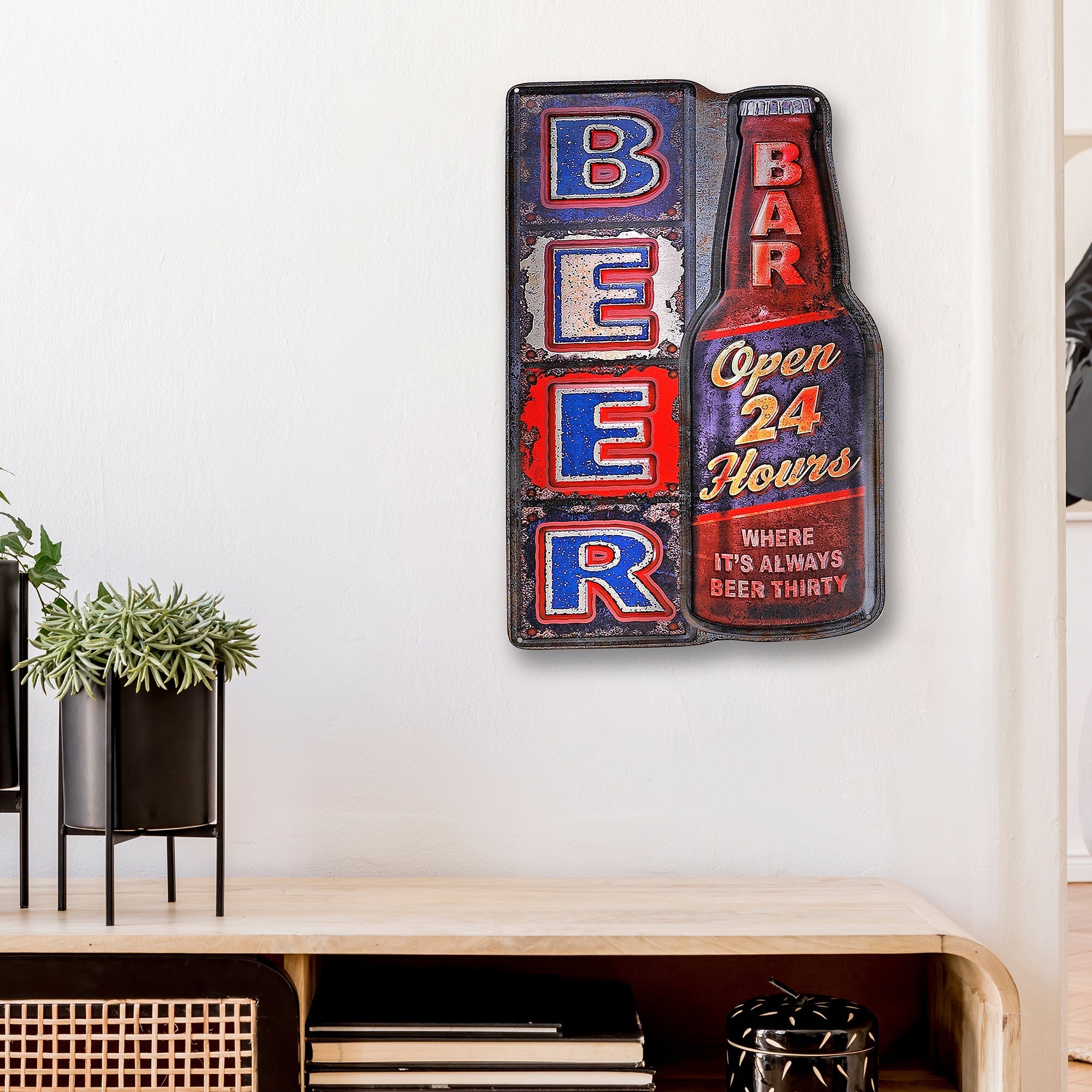 Embossed Metal Wall Sign Beer Open 24 Hours, Embossed Metal Beer Wall Sign, Bar And Man Cave Decor
