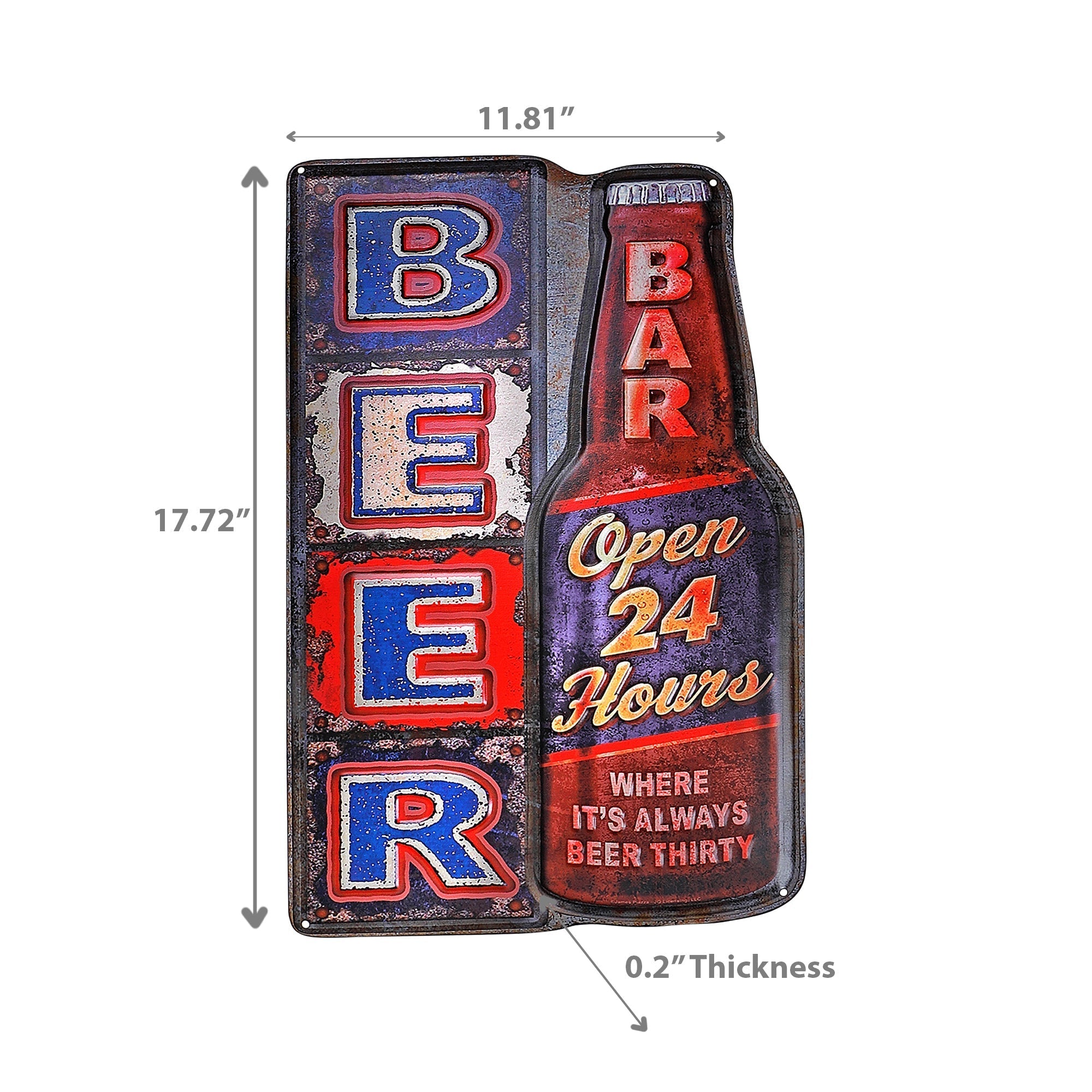 Embossed Metal Wall Sign Beer Open 24 Hours, Embossed Metal Beer Wall Sign, Bar And Man Cave Decor