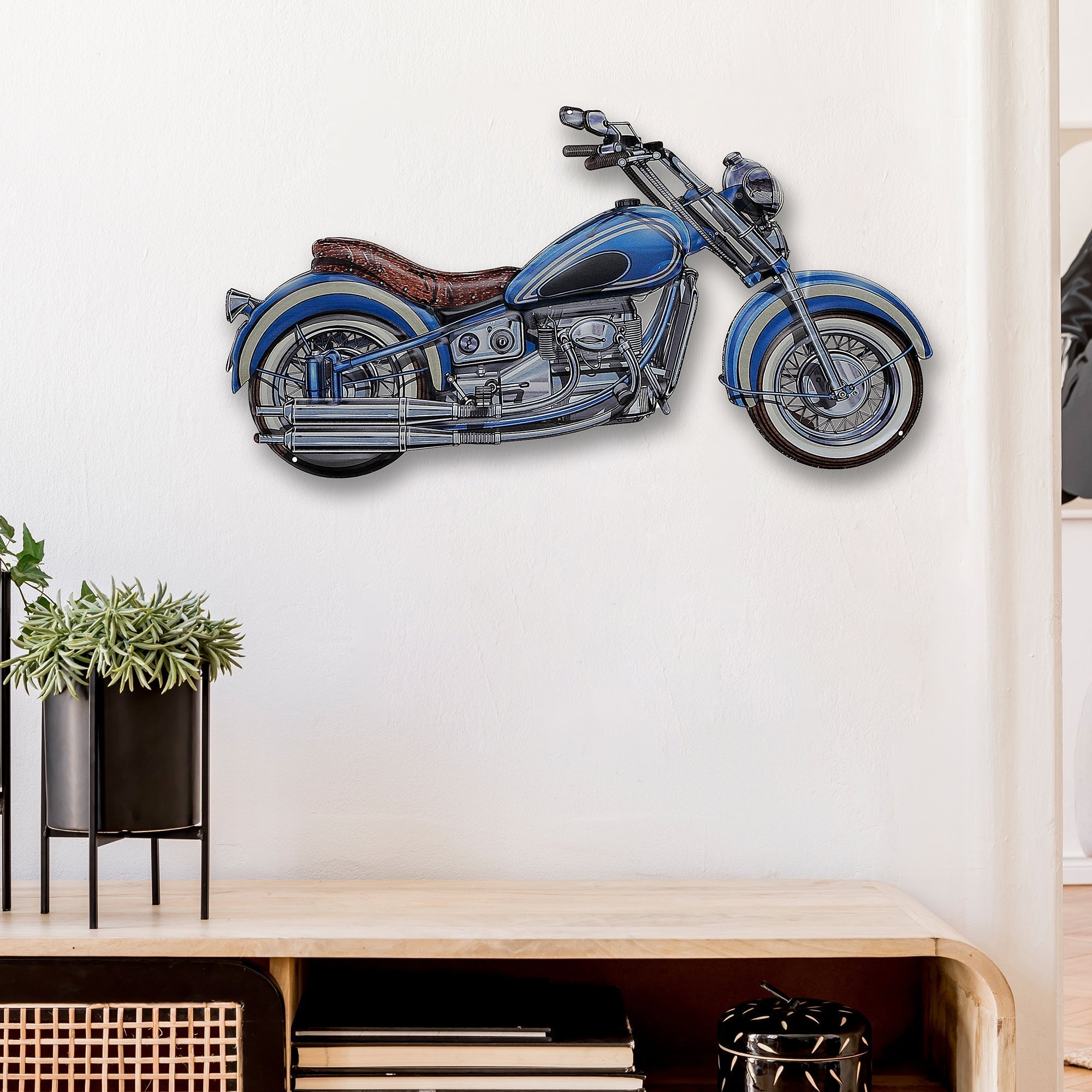 Embossed Metal Wall Sign Blue Motorcycle, Embossed Metal Wall Sign Blue Motorcycle, Vintage Garage Decor
